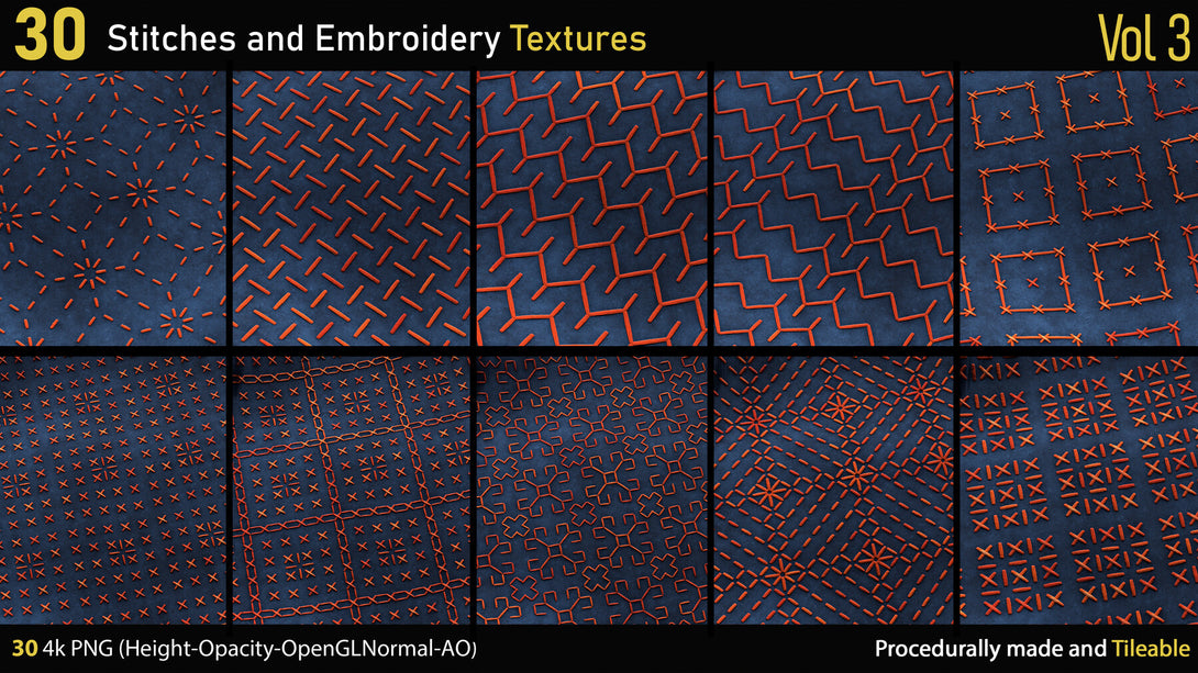 Custom Stitching Texture 30 Stitches and Embroidery Textures-Vol3-Height-Normal-Opacity-AO ...