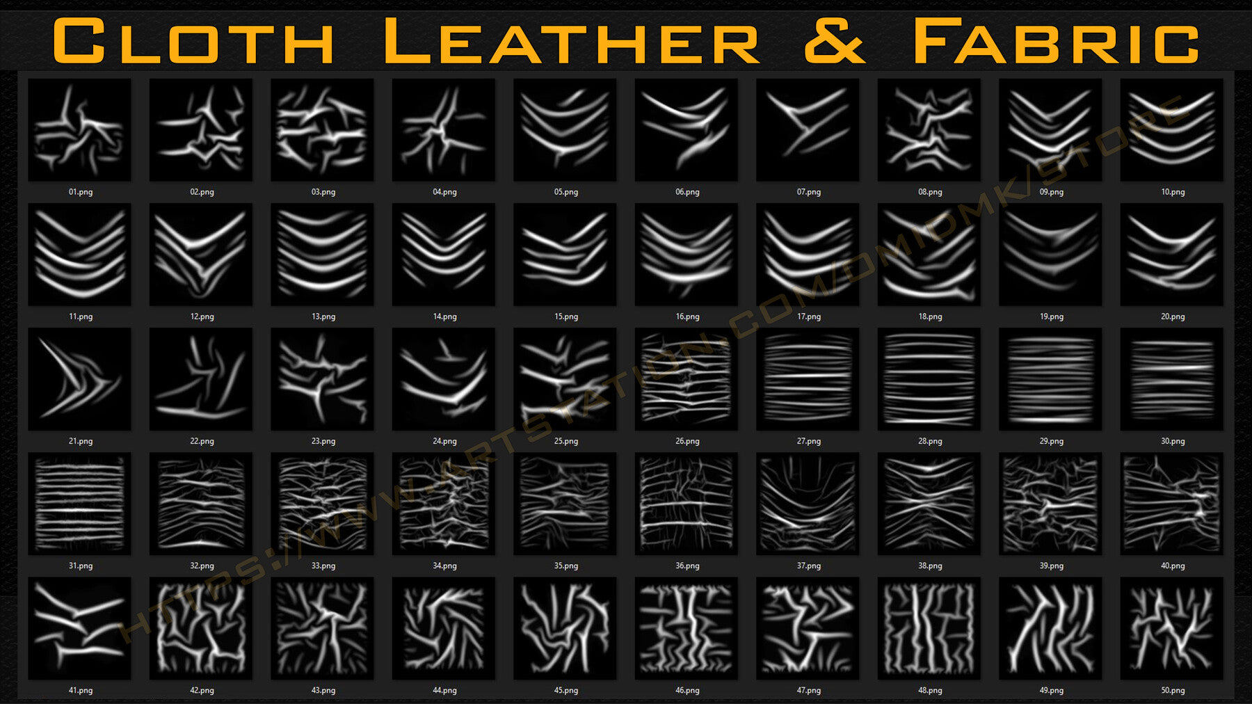 50 +10 cloth Leather & Fabric Brushes (4k) Tension & Compression Folds- Alpha + Normal Maps ( Vol.03 )