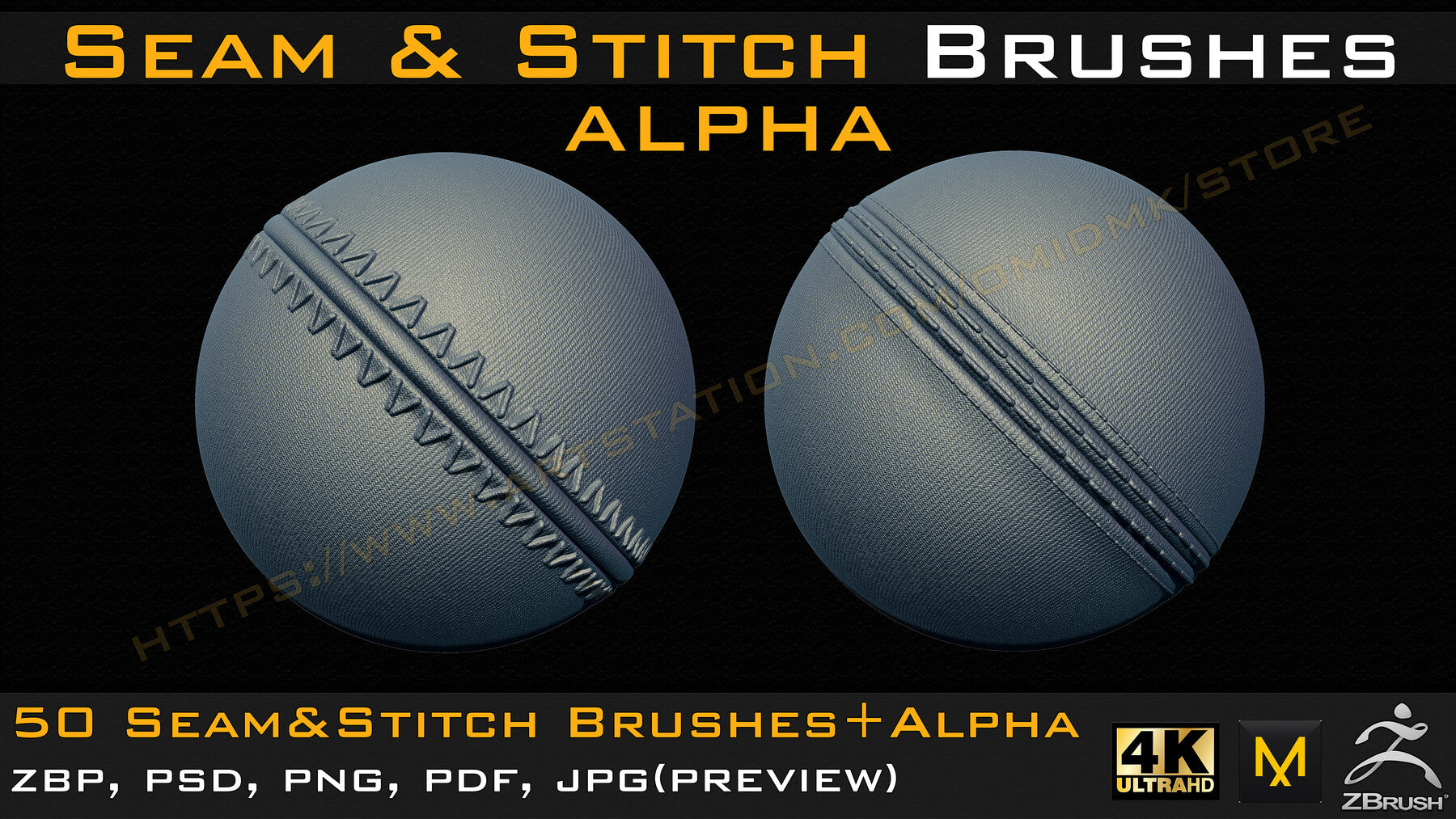 50 Seam & Stitch Brushes & Alpha (Tileable 4k-16bit) Vol.02