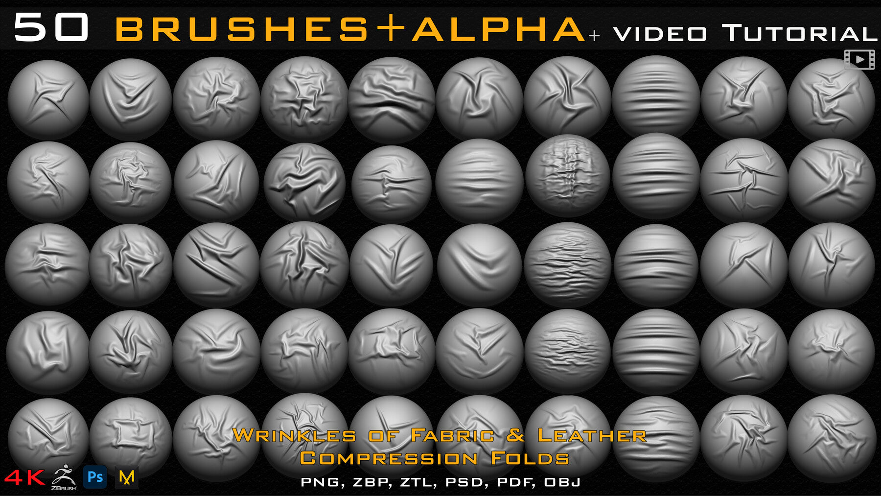 50 ZBrush Brush + Alpha (4K ) ,Fabric and Leather Compression Folds- Vol 02