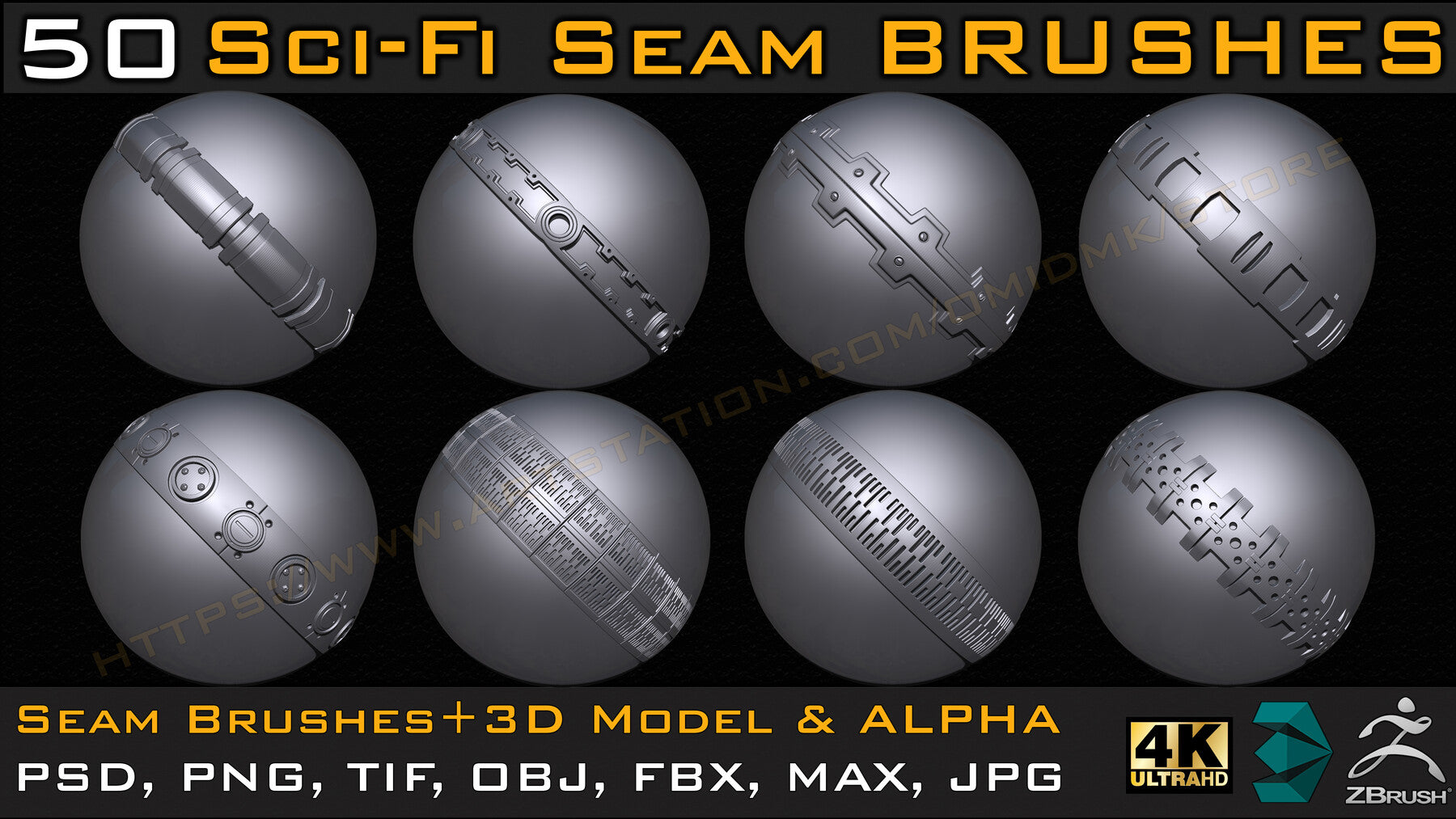 50 Sci-fi Seam Brushes+3D Model & Alpha ( Tileable 4k-16bit) Vol.02