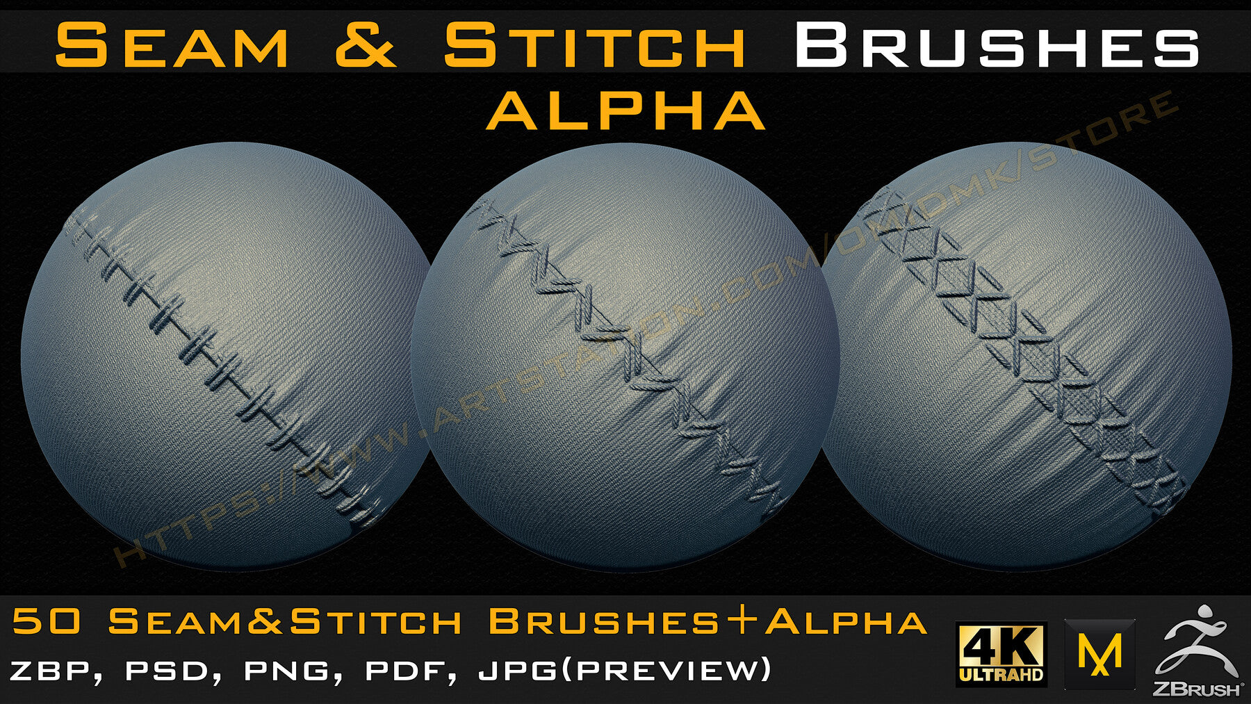 50 Seam & Stitch Brushes & Alpha (Tileable 4k-16bit) Vol.02