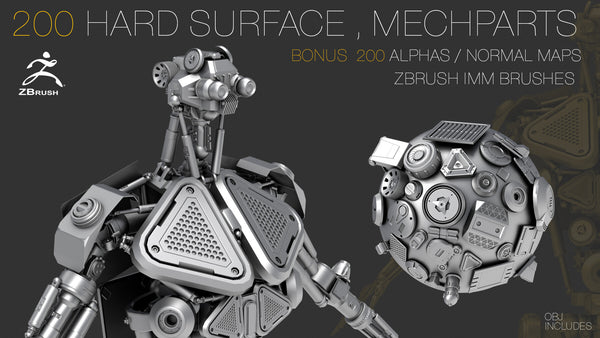 200 HARD SURFACE Z Brush IMM Brushes [OBJ] [MID TOPOLOGY] + ALPHAS [NORMAL, AO] Maps