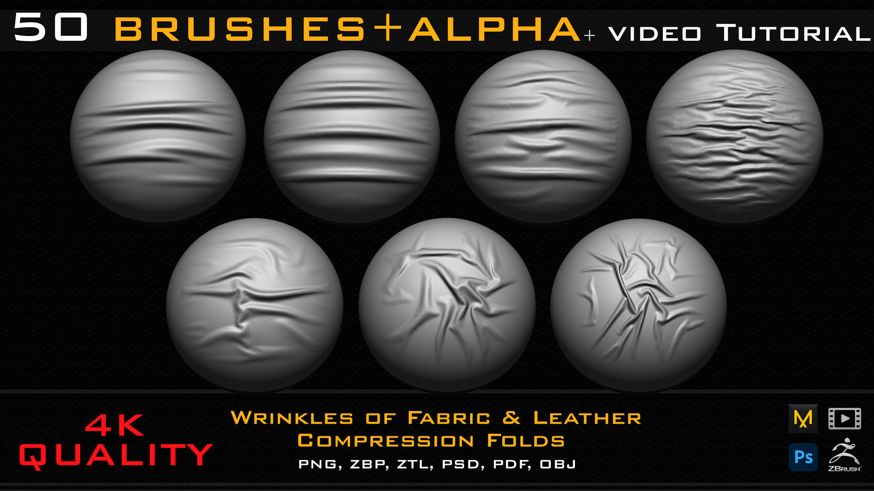 50 ZBrush Brush + Alpha (4K ) ,Fabric and Leather Compression Folds- Vol 02