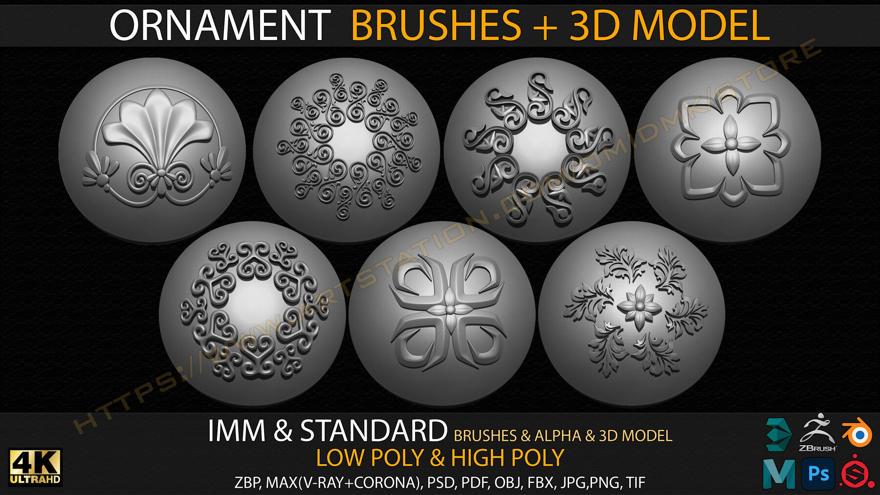 Ornament IMM & Standard Brushes+3D model+ Alpha 4K (V.02)