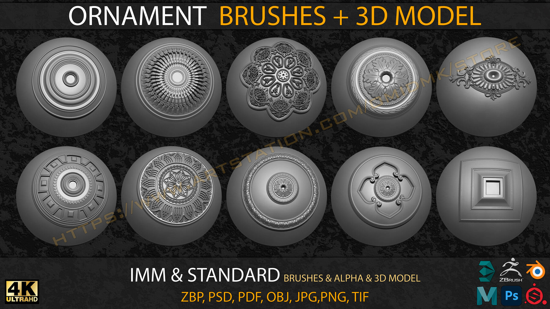 Ornament IMM & Standard Brushes+3D model+ Alpha 4K (V.03)