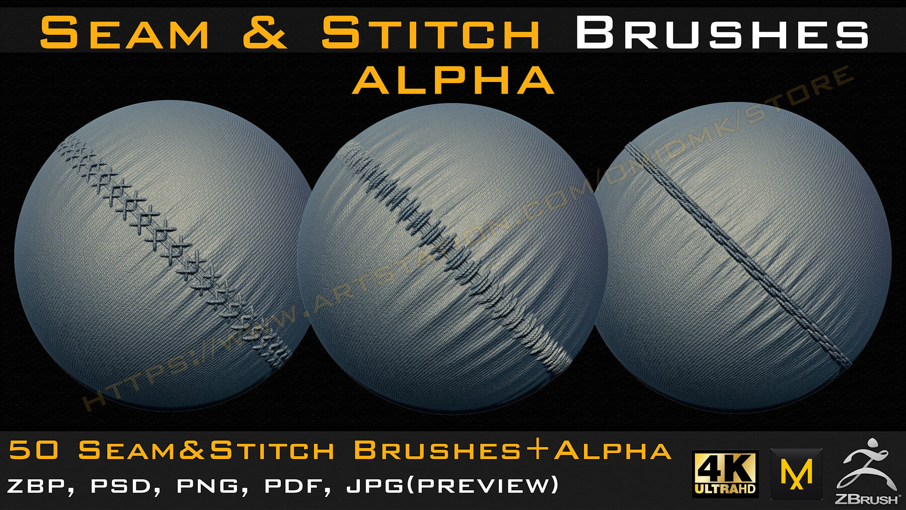 50 Seam & Stitch Brushes & Alpha (Tileable 4k-16bit) Vol.02