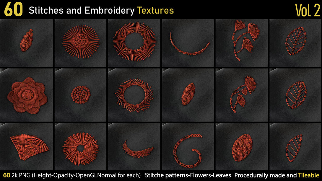 Embroider Texture Map 60 Stitches and Embroidery Textures-Vol2-Height-Normal-Opacity-AO ...