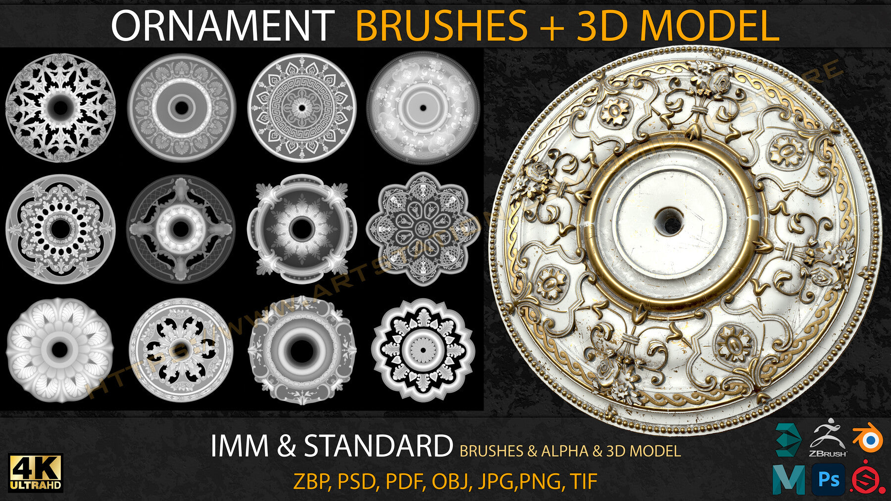 Ornament IMM & Standard Brushes+3D model+ Alpha 4K (V.03)