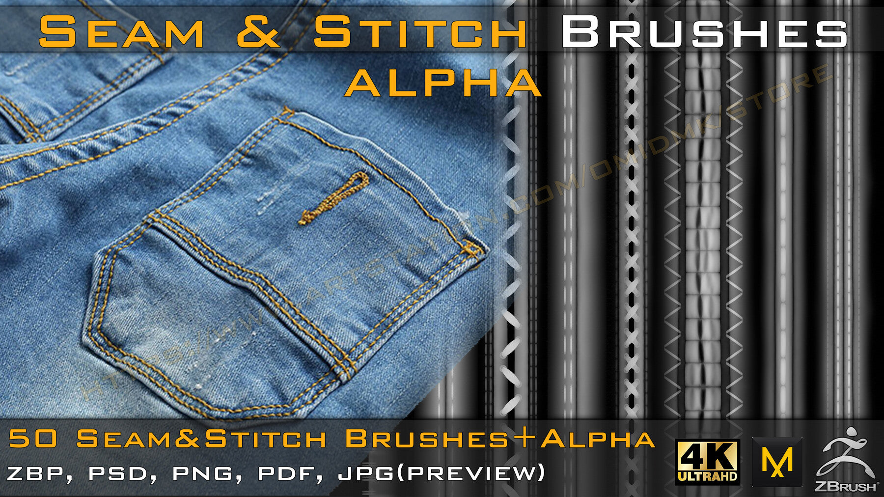 50 Seam & Stitch Brushes & Alpha (Tileable 4k-16bit) Vol.02