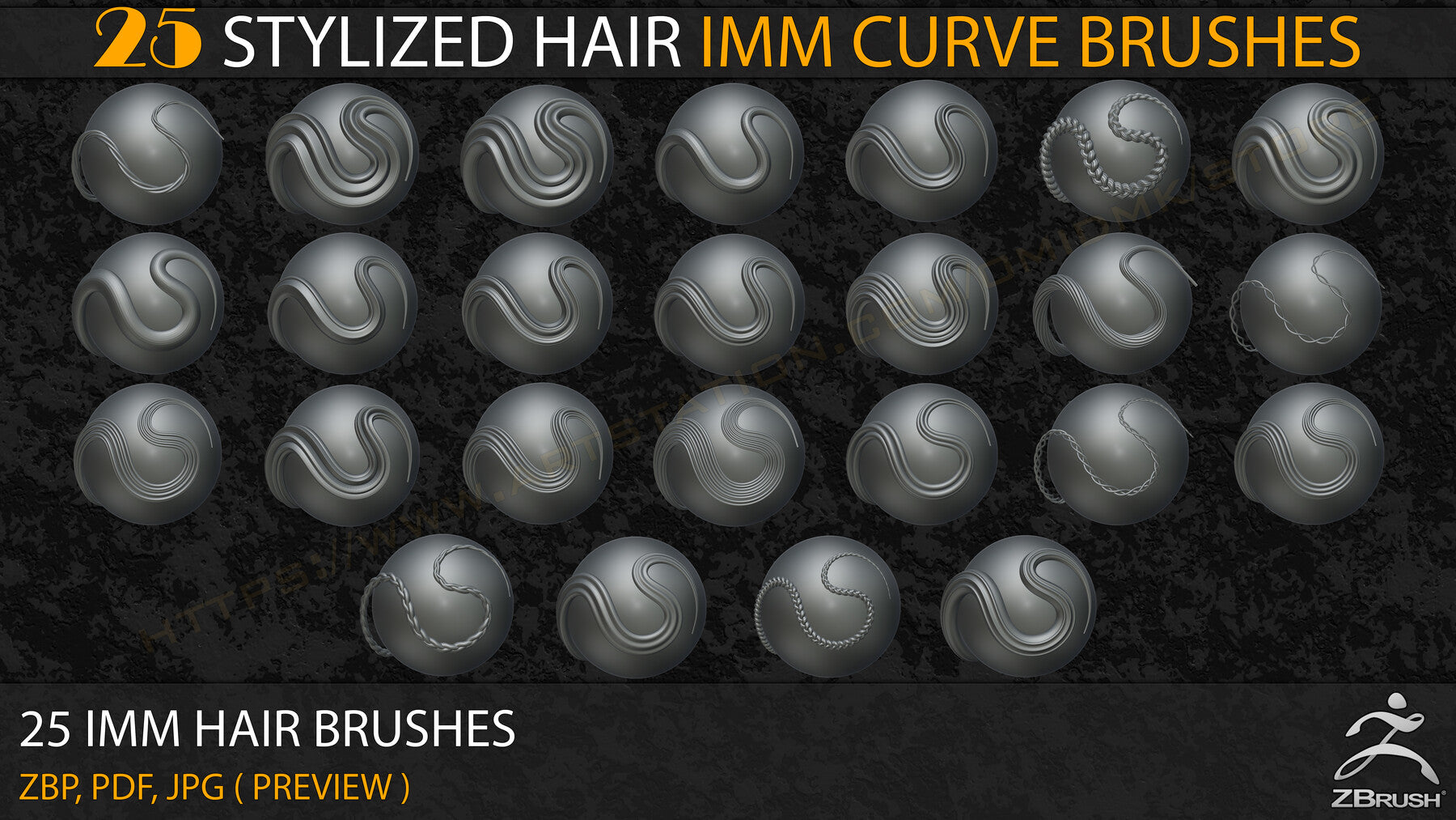 25 Stylized Hair IMM Curve Brushes ( V-01)