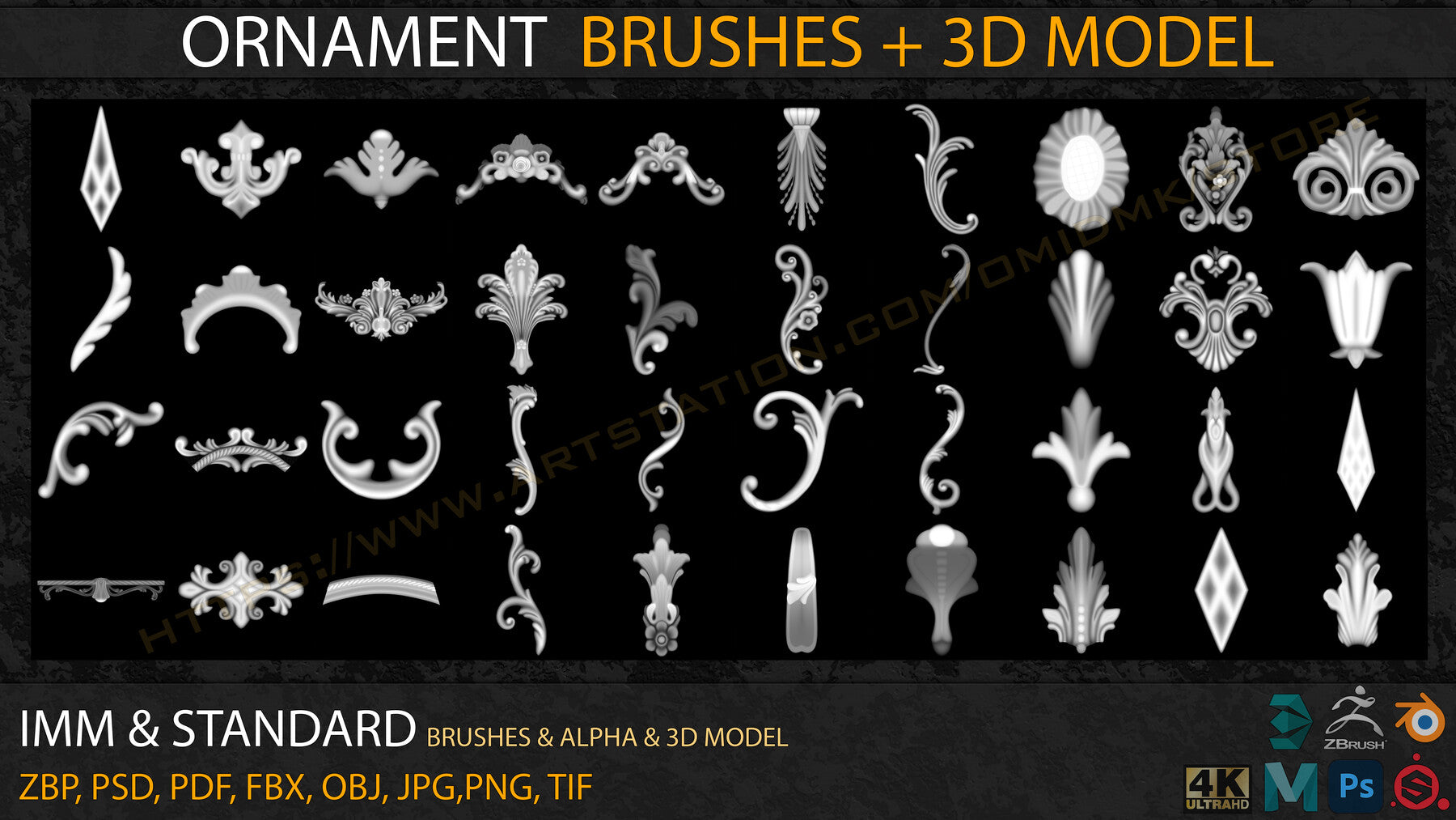 Ornament IMM & Standard Brushes+3D model+ Alpha 4K (V.04)