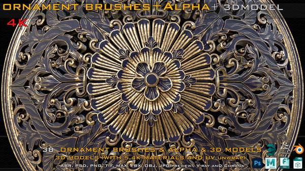 38 Ornament brushes + 3D Models + 4, PBR Textures