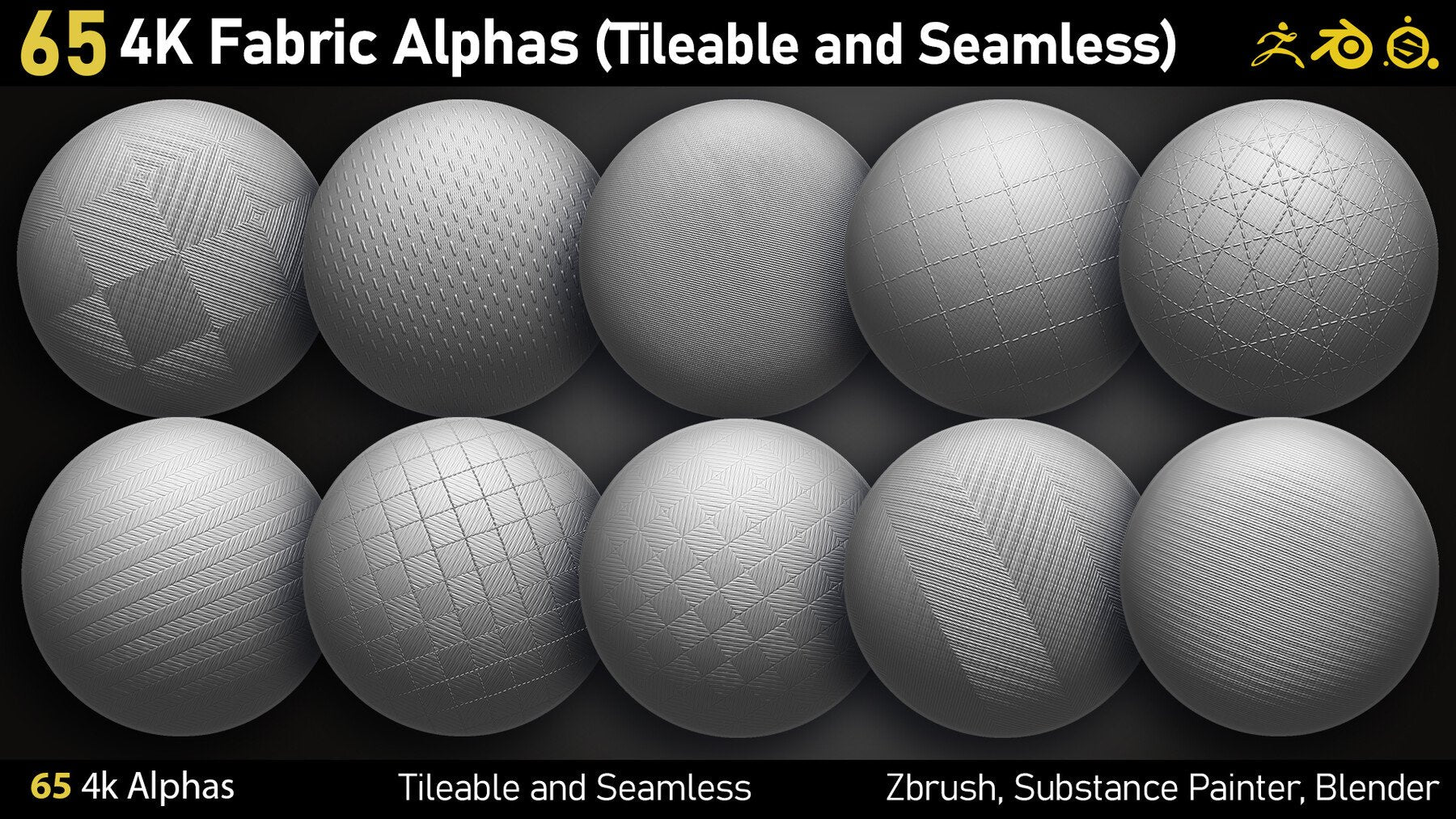 65 4K Fabric Alphas(Tileable) PNG-Zbrush-Substance Painter-Blender-Photoshop