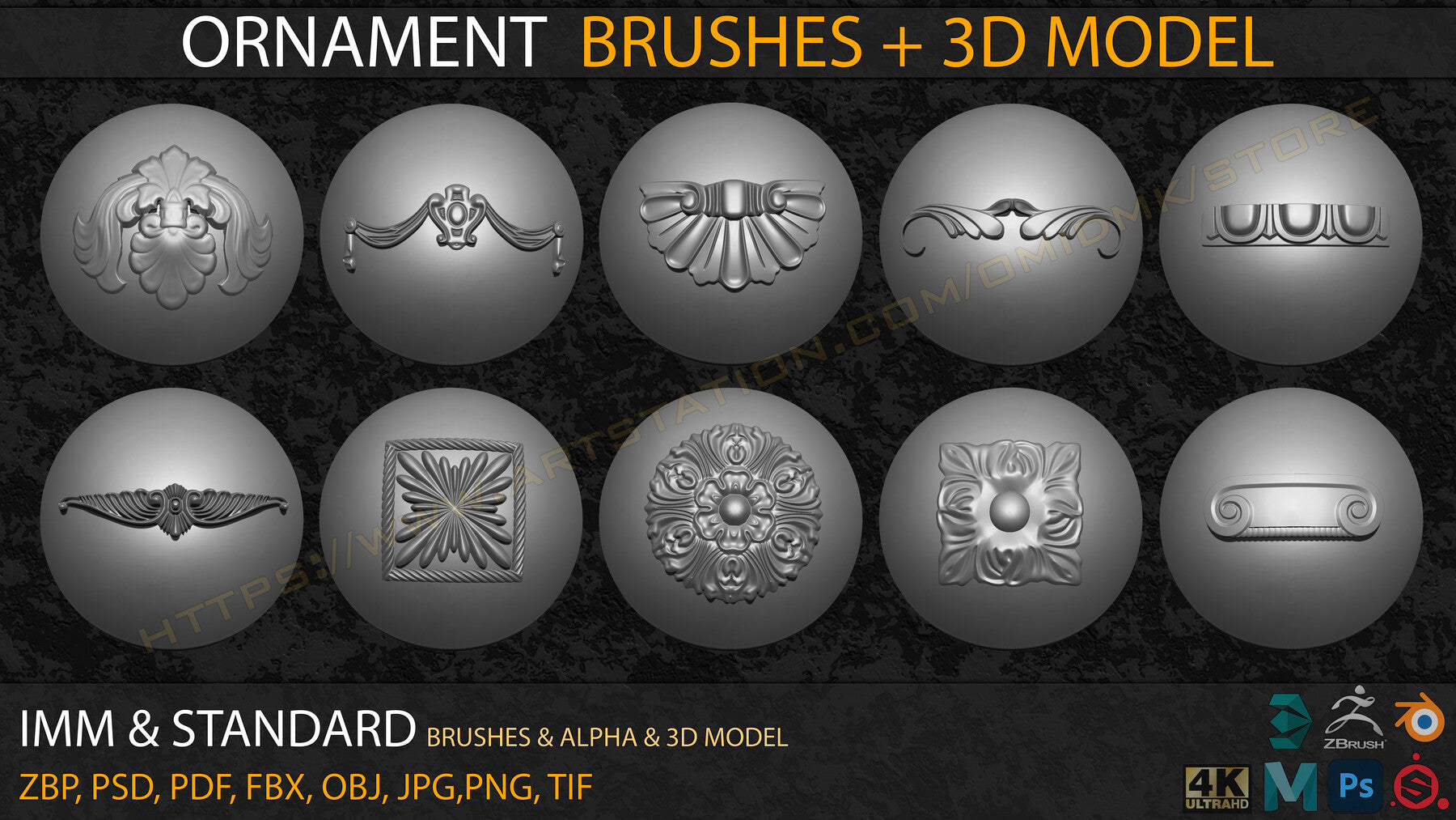 Ornament IMM & Standard Brushes+3D model+ Alpha 4K (V.04)