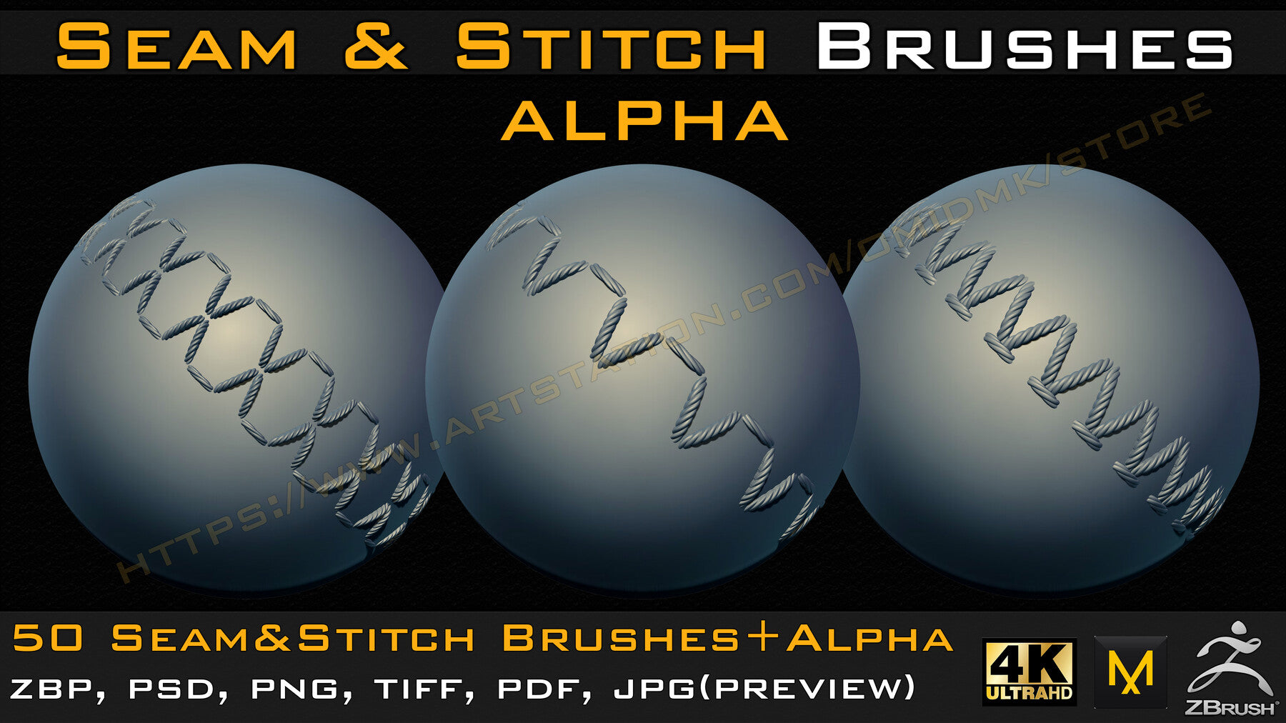 50 Seam & Stitch Brushes & Alpha (Tileable 4k-16bit) Vol.03