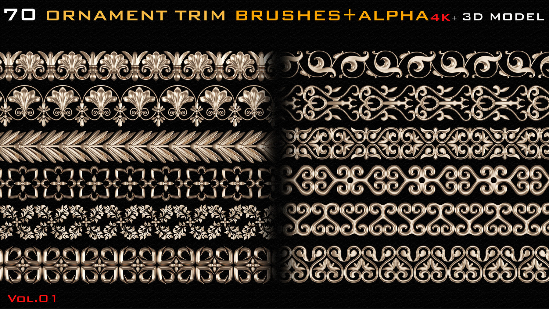 70 Ornament Trim Brushes+3D Model+ Alpha (4k)-Vol 01