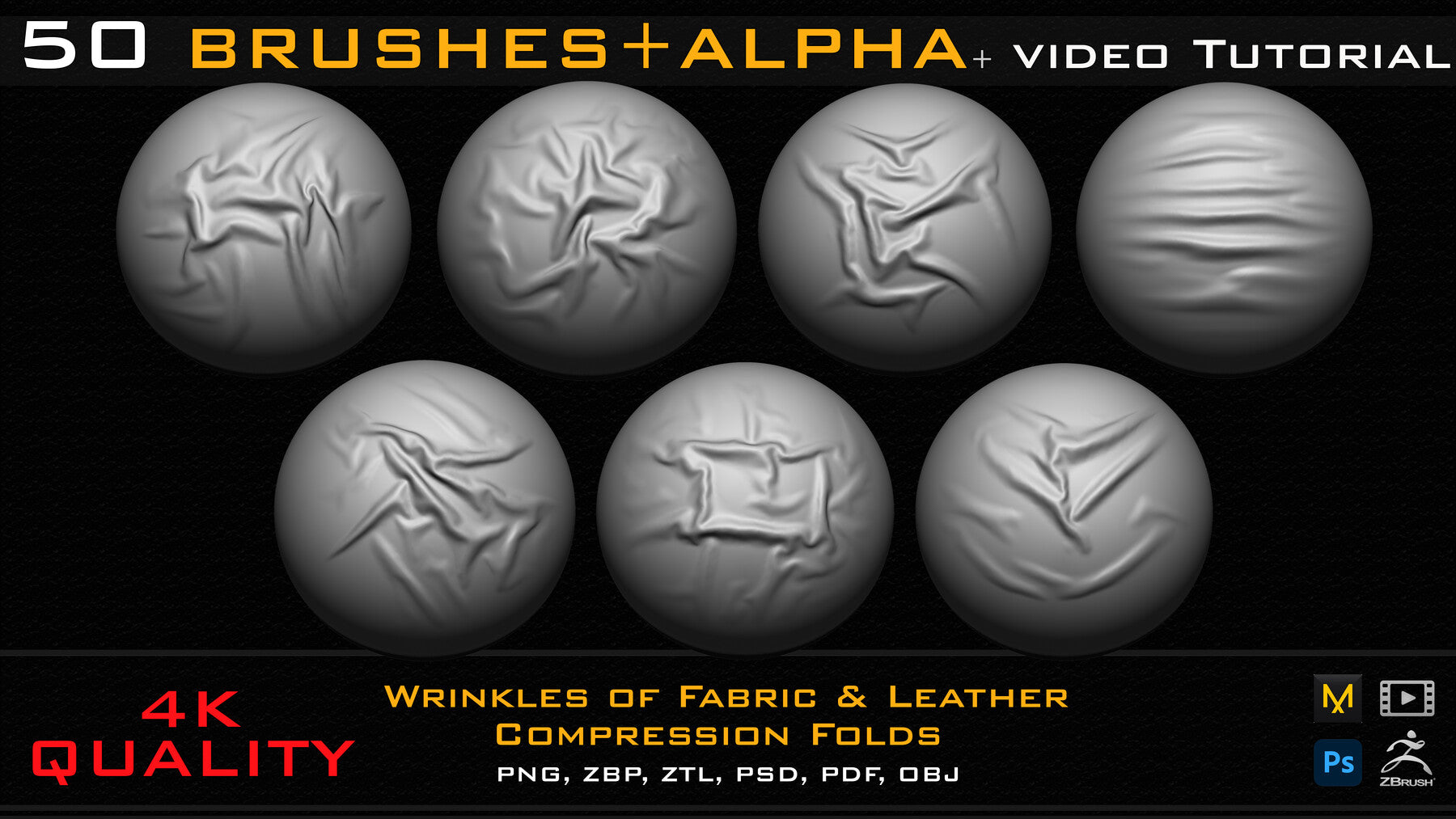 50 ZBrush Brush + Alpha (4K ) ,Fabric and Leather Compression Folds- Vol 02