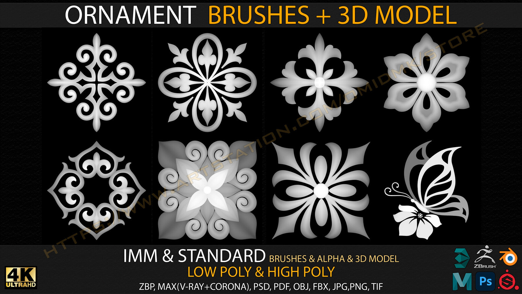 Ornament IMM & Standard Brushes+3D model+ Alpha 4K (V.02)