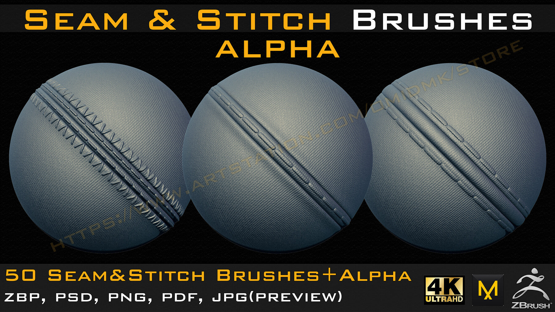 50 Seam & Stitch Brushes & Alpha (Tileable 4k-16bit) Vol.02