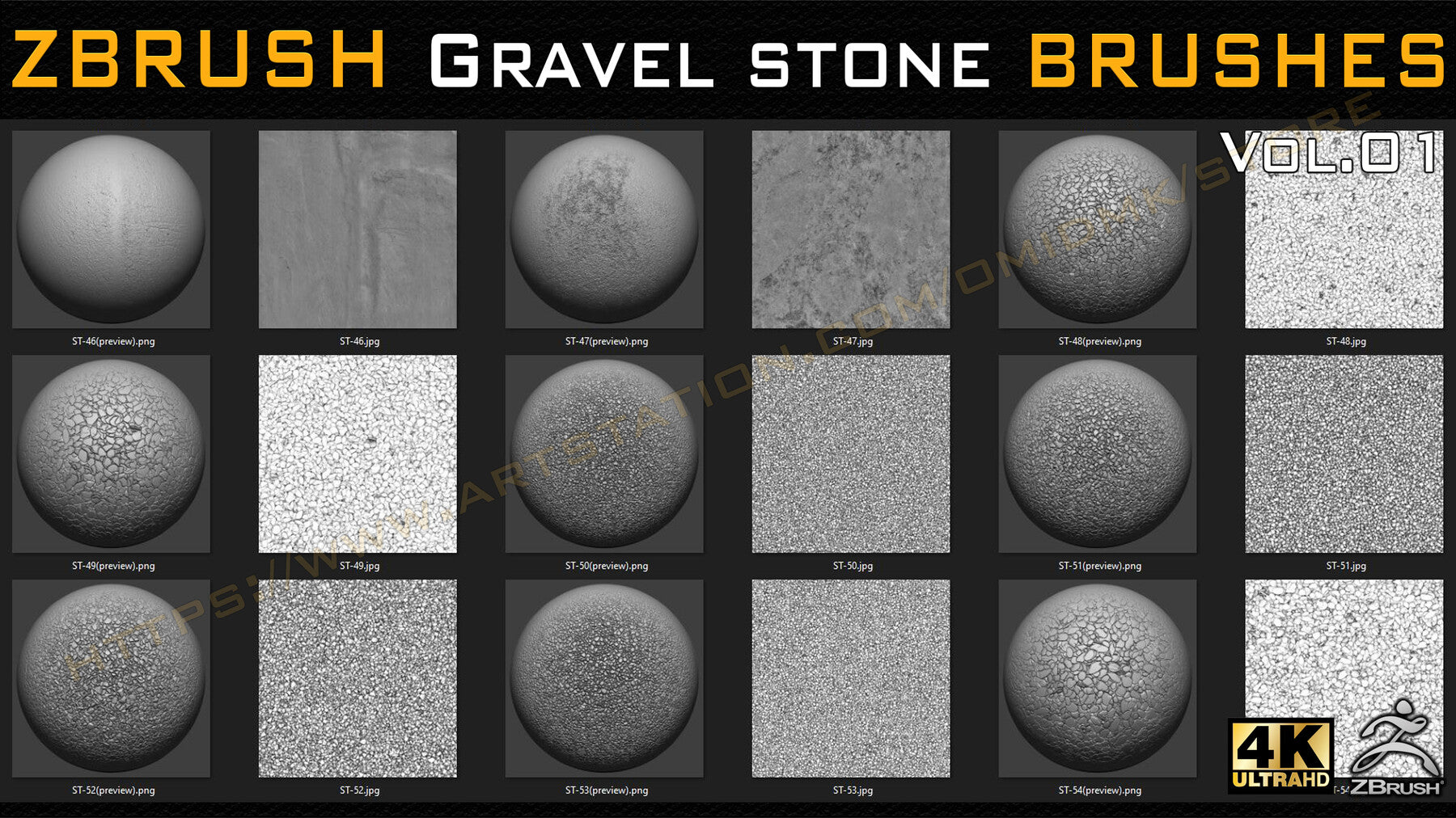 55 VDM + STANDARD BRUSH GRAVEL STONE BRUSHES +55 ALPHA/HEIGHT MAPS HIGH QUALITY (4K) -VOL.01