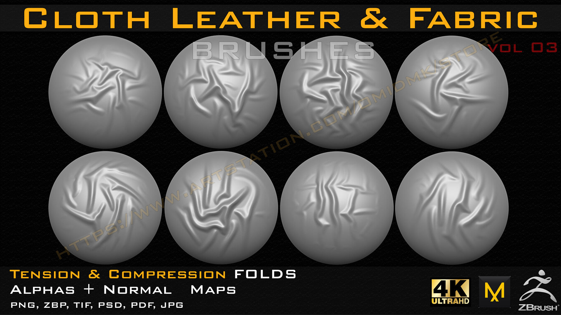 50 +10 cloth Leather & Fabric Brushes (4k) Tension & Compression Folds- Alpha + Normal Maps ( Vol.03 )