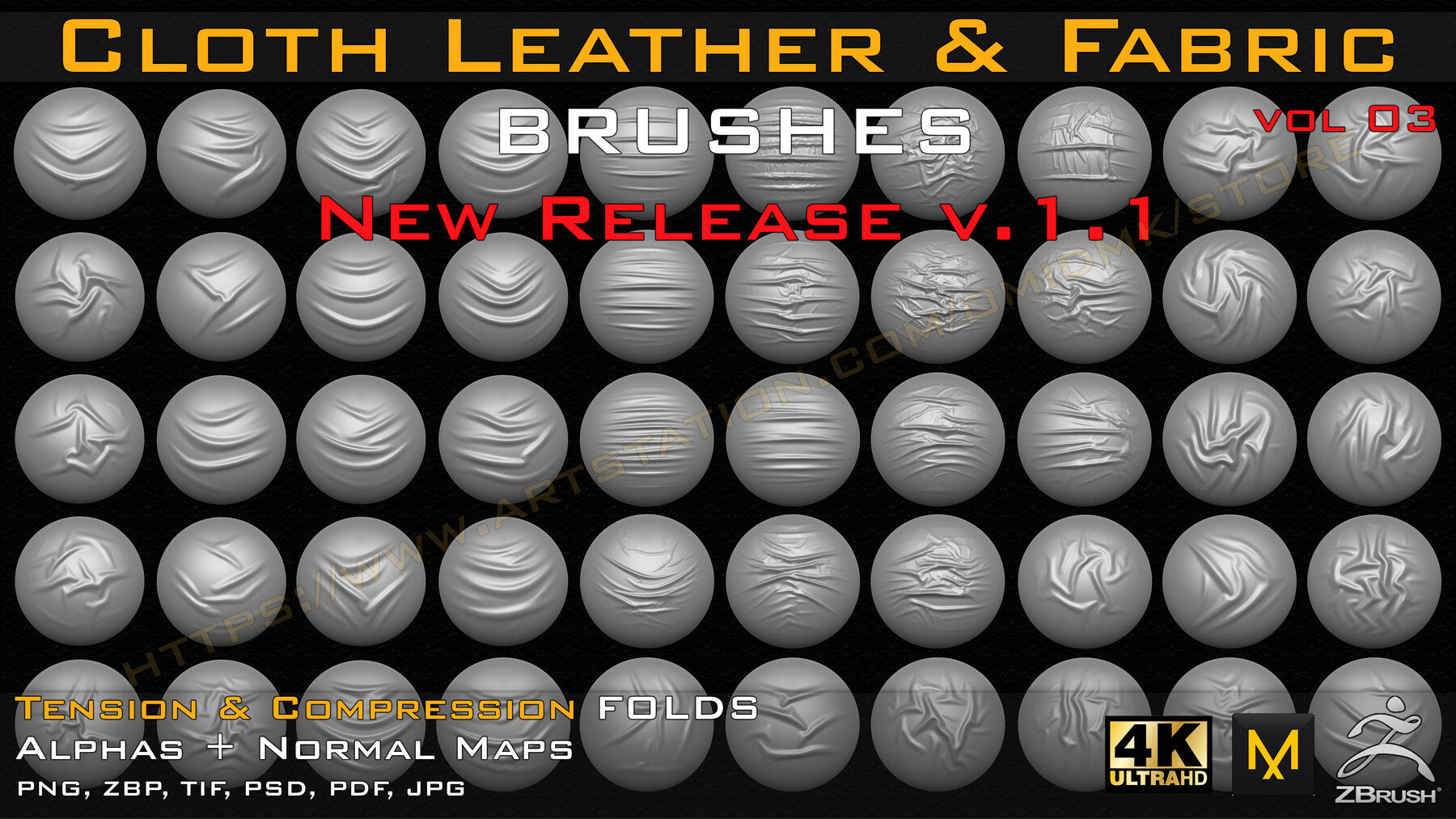 50 +10 cloth Leather & Fabric Brushes (4k) Tension & Compression Folds- Alpha + Normal Maps ( Vol.03 )