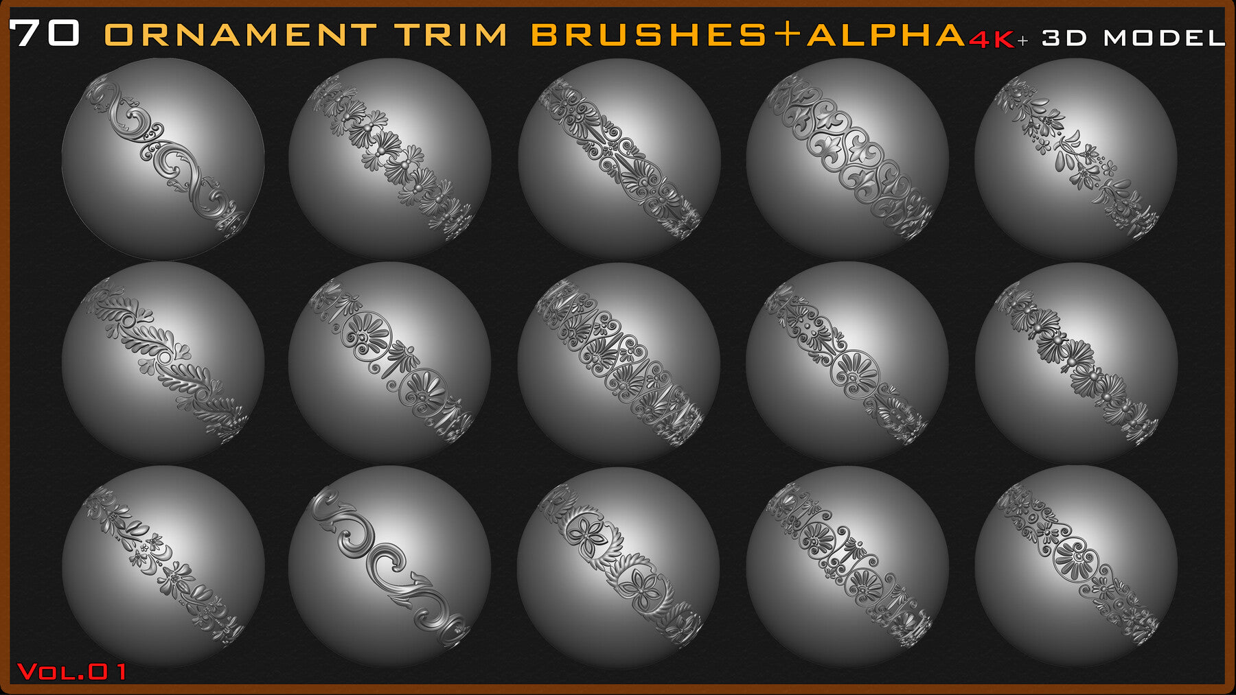 70 Ornament Trim Brushes+3D Model+ Alpha (4k)-Vol 01