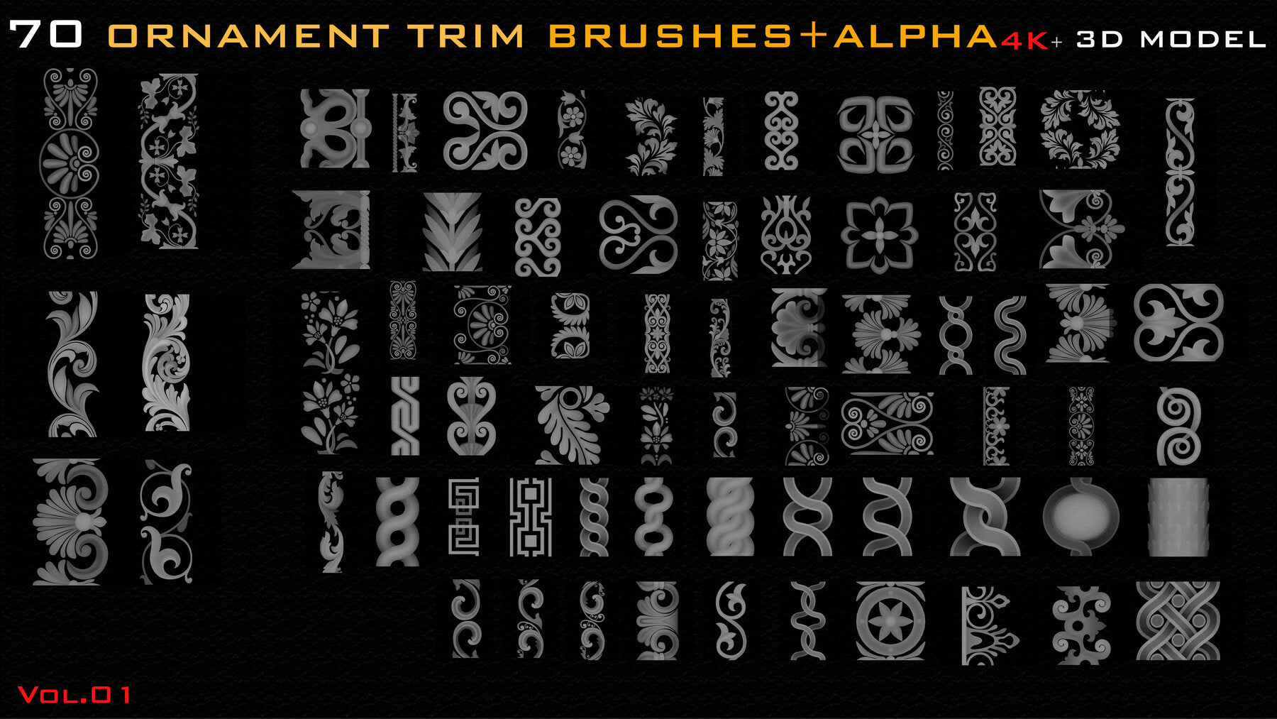 70 Ornament Trim Brushes+3D Model+ Alpha (4k)-Vol 01