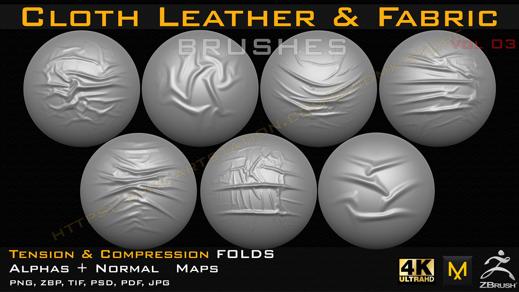 50 +10 cloth Leather & Fabric Brushes (4k) Tension & Compression Folds- Alpha + Normal Maps ( Vol.03 )