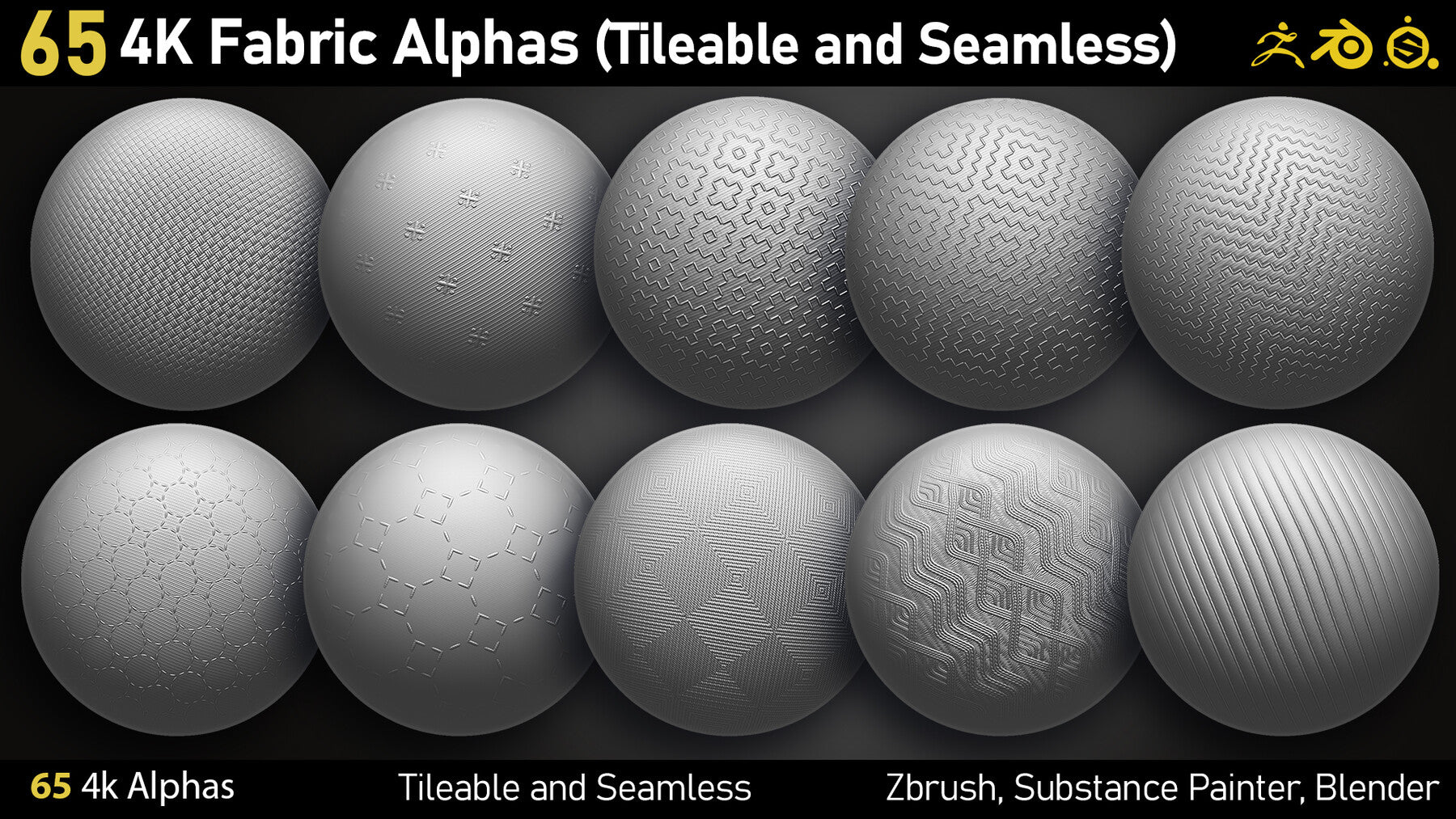 65 4K Fabric Alphas(Tileable) PNG-Zbrush-Substance Painter-Blender-Photoshop