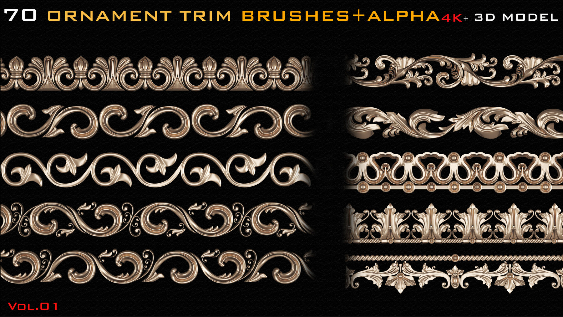 70 Ornament Trim Brushes+3D Model+ Alpha (4k)-Vol 01