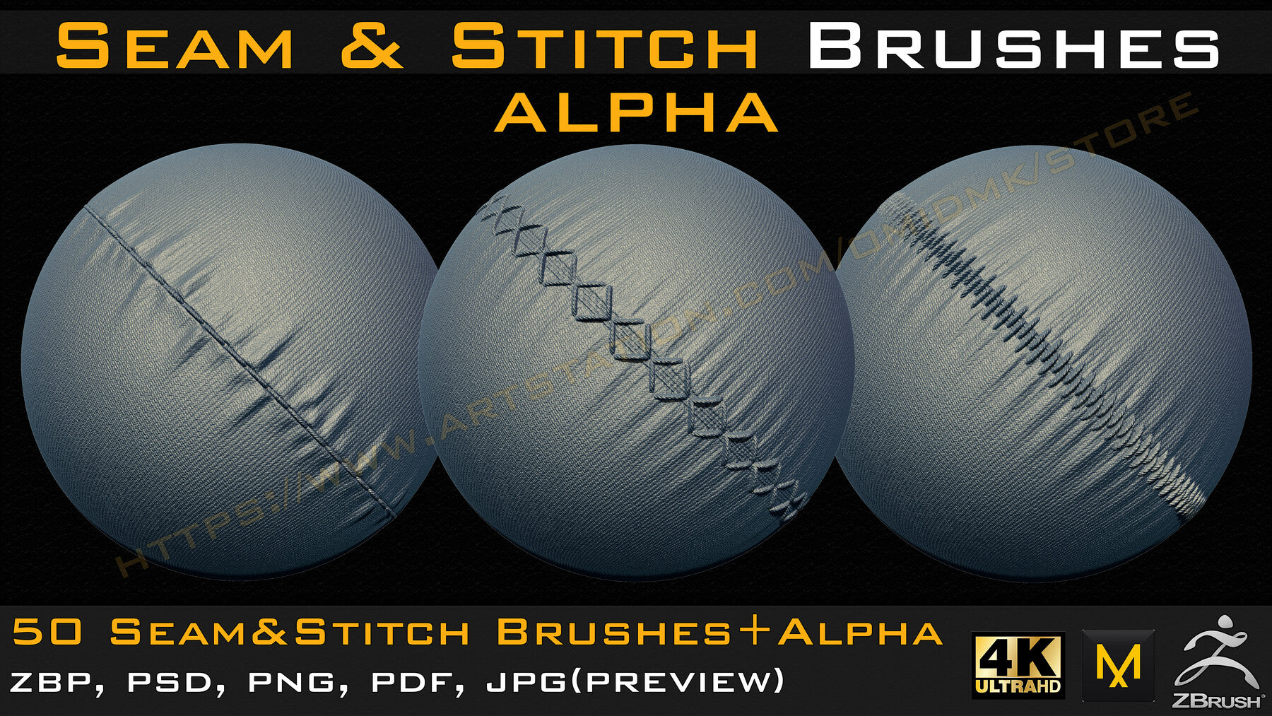 50 Seam & Stitch Brushes & Alpha (Tileable 4k-16bit) Vol.02