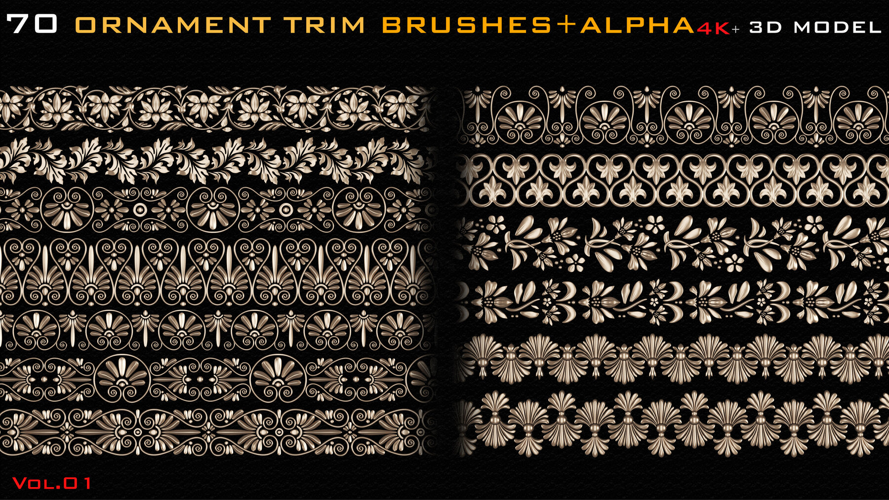 70 Ornament Trim Brushes+3D Model+ Alpha (4k)-Vol 01