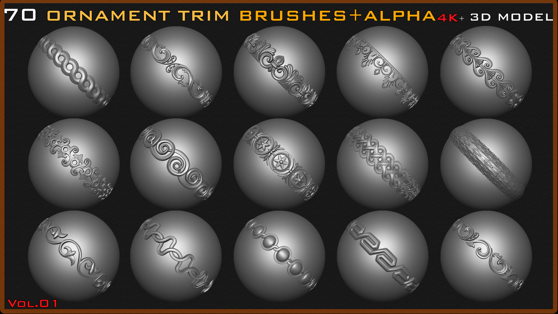 70 Ornament Trim Brushes+3D Model+ Alpha (4k)-Vol 01