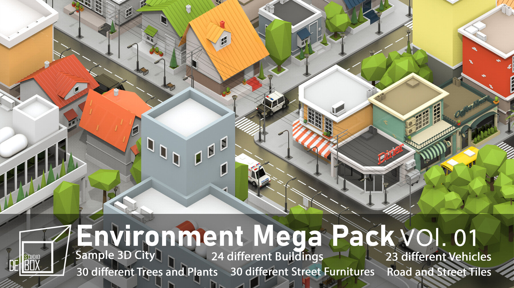 Low poly City maker-Buildings-Trees-Vehicles-Street-furniture-Vol.01