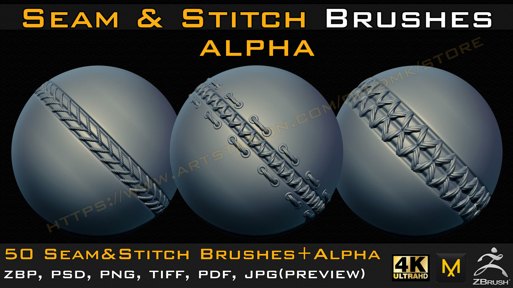 50 Seam & Stitch Brushes & Alpha (Tileable 4k-16bit) Vol.03