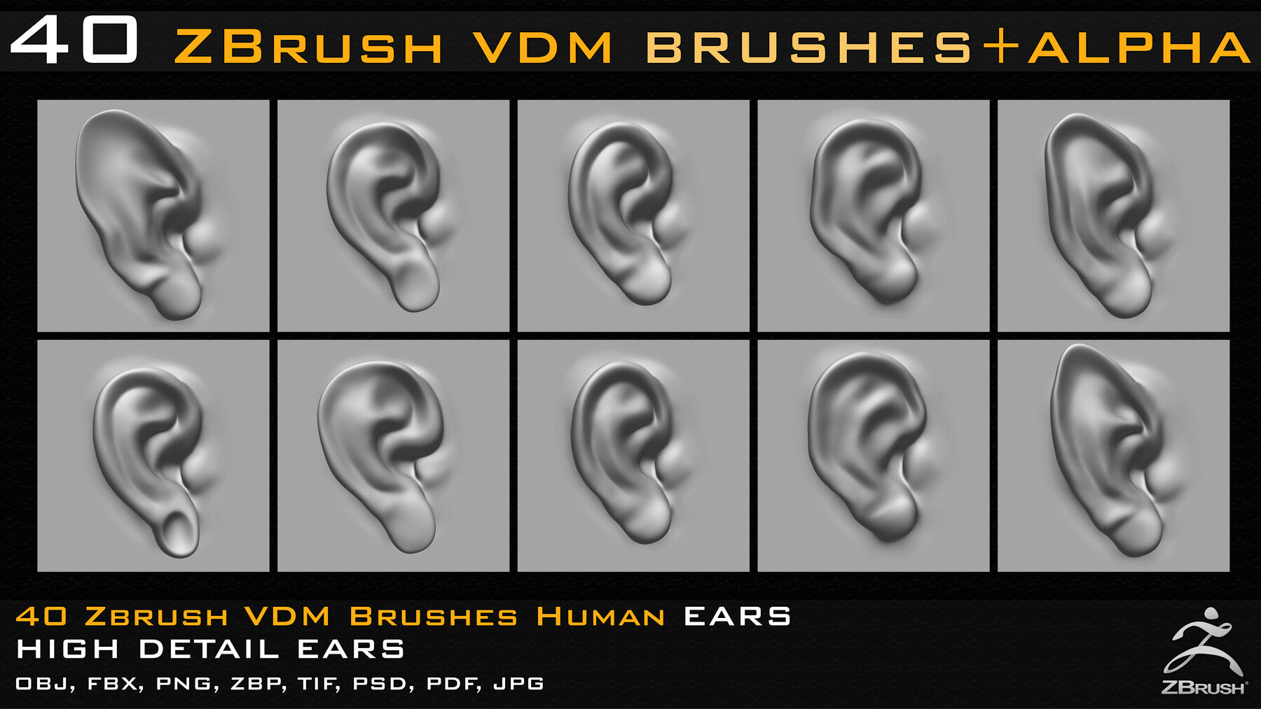 40 Zbrush VDM Human Ears Brushes + Alpha + FBX + OBJ