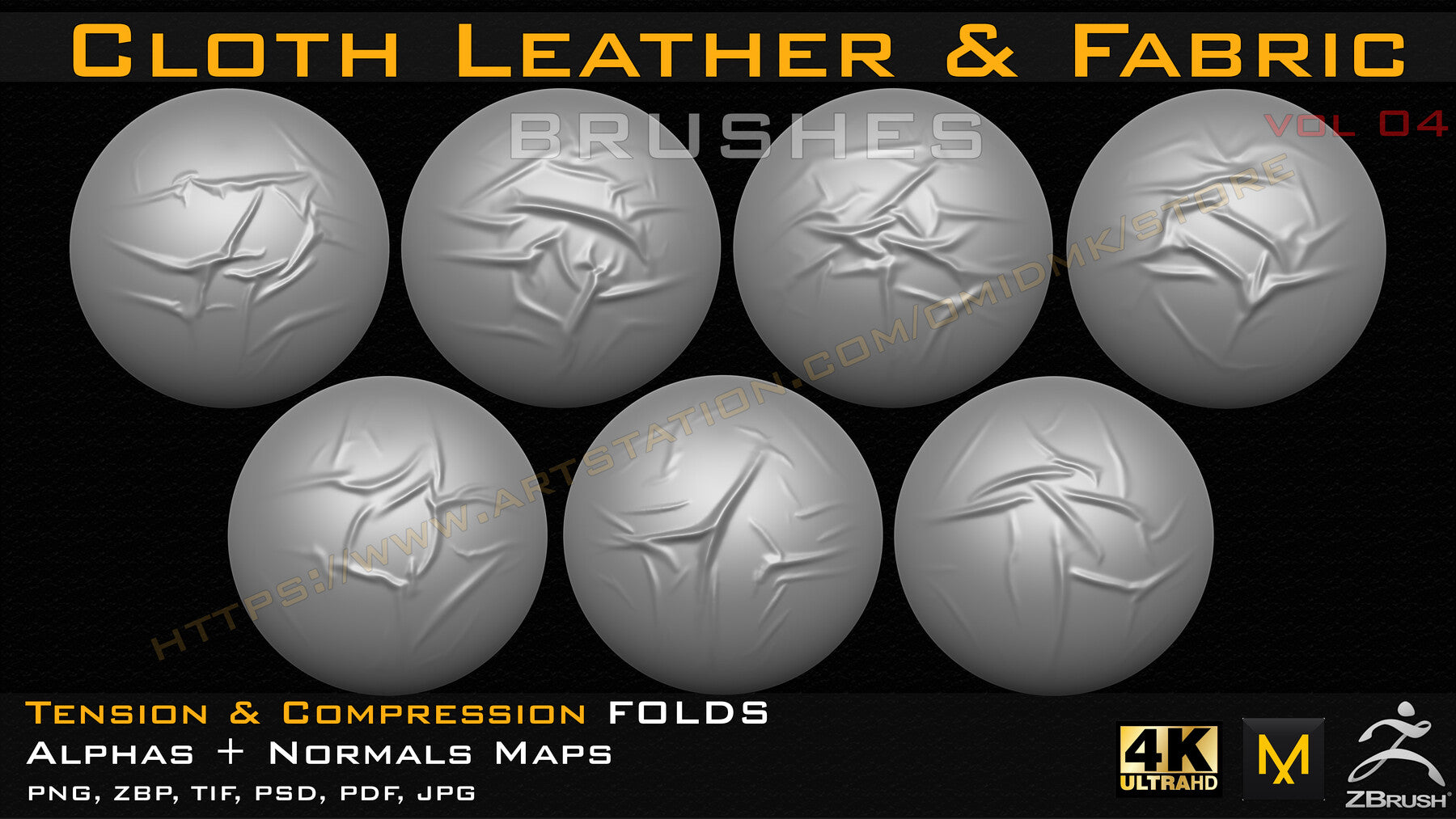 50 cloth Leather & Fabric Brushes (4k) Tension & Compression Folds- Alpha + Normal Maps ( Vol.04 )