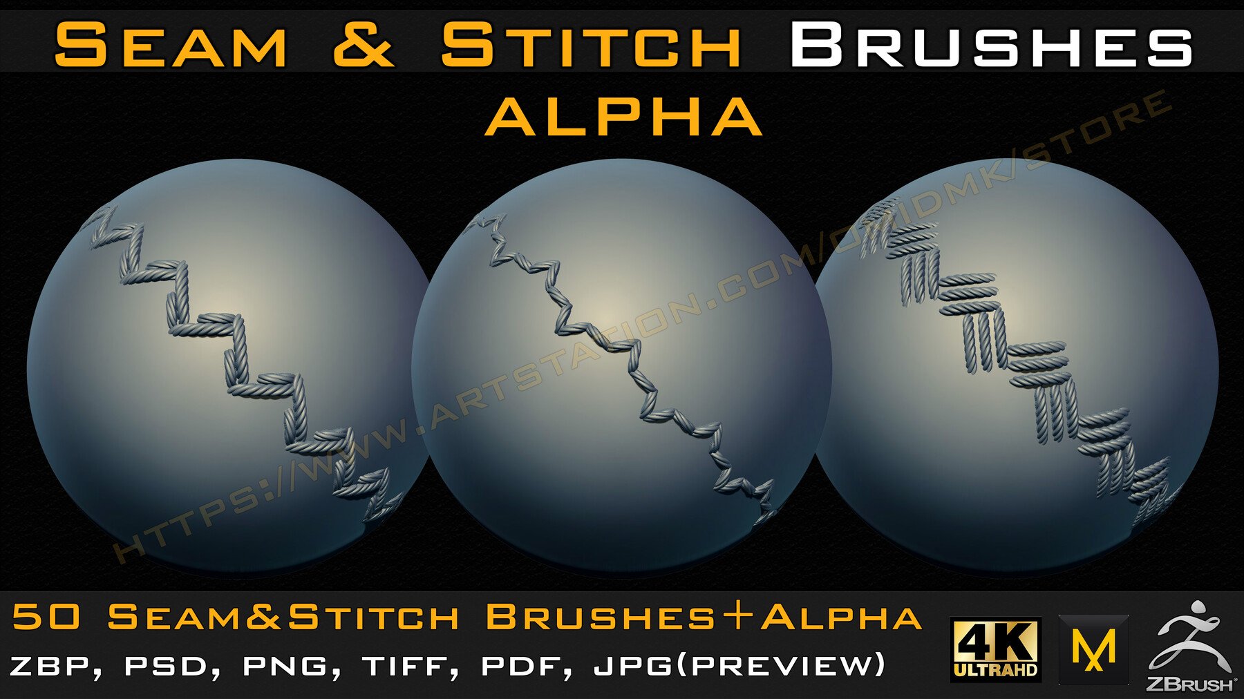 50 Seam & Stitch Brushes & Alpha (Tileable 4k-16bit) Vol.03