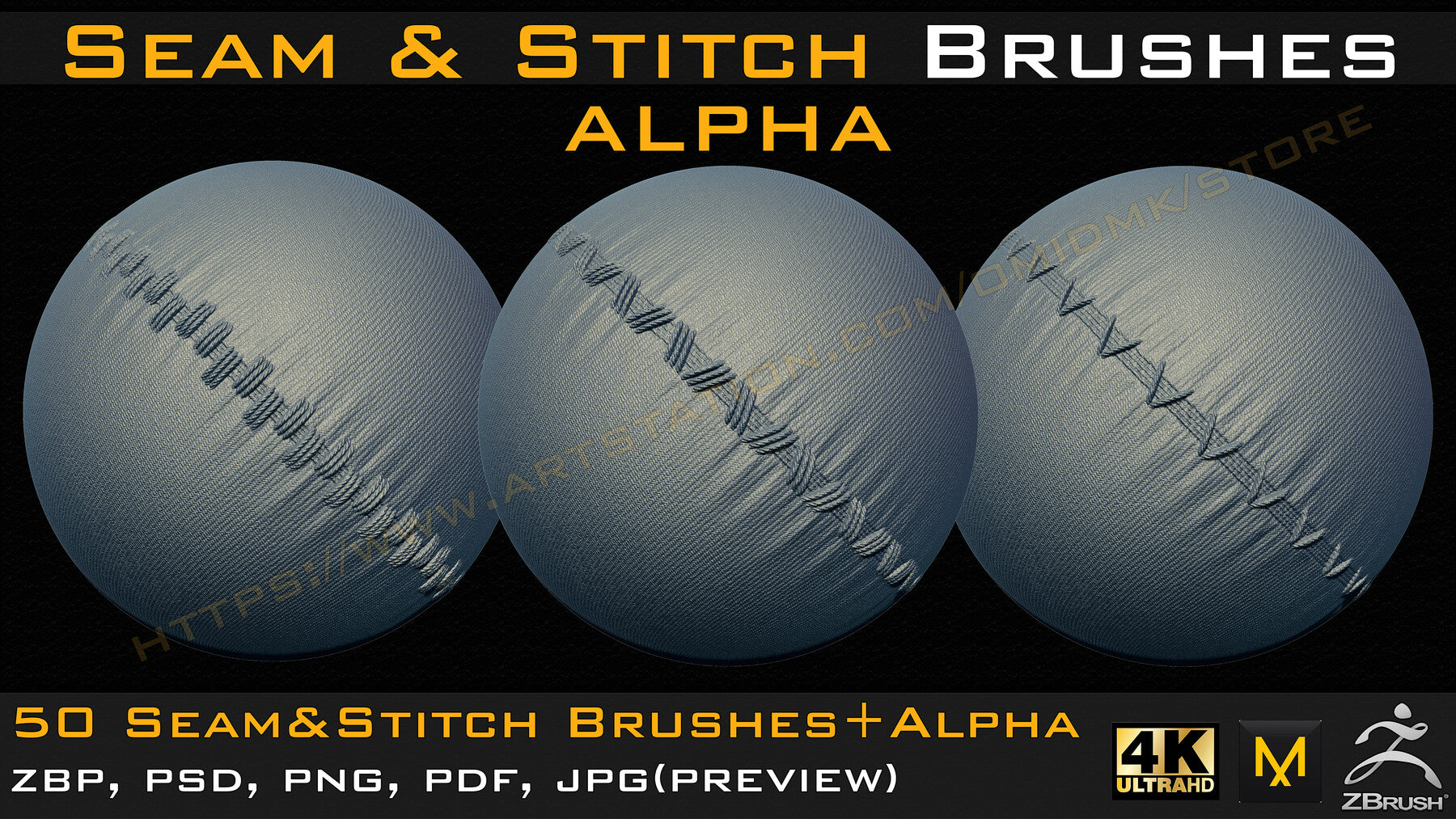 50 Seam & Stitch Brushes & Alpha (Tileable 4k-16bit) Vol.02