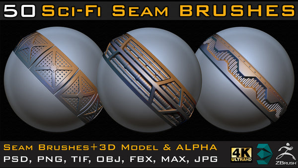 50 Sci-fi Seam Brushes+3D Model & Alpha ( Tileable 4k-16bit) Vol.02