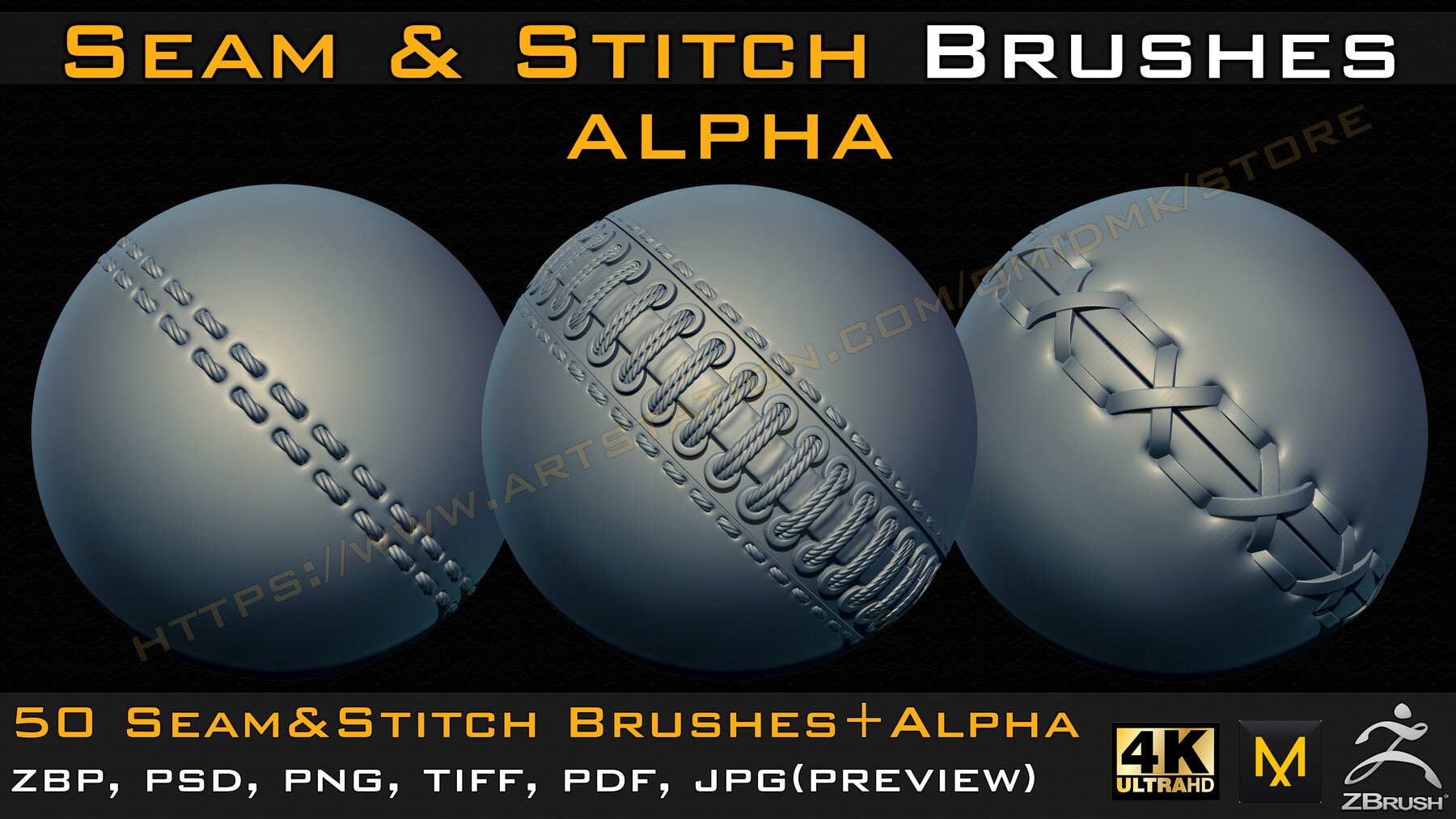 50 Seam & Stitch Brushes & Alpha (Tileable 4k-16bit) Vol.04