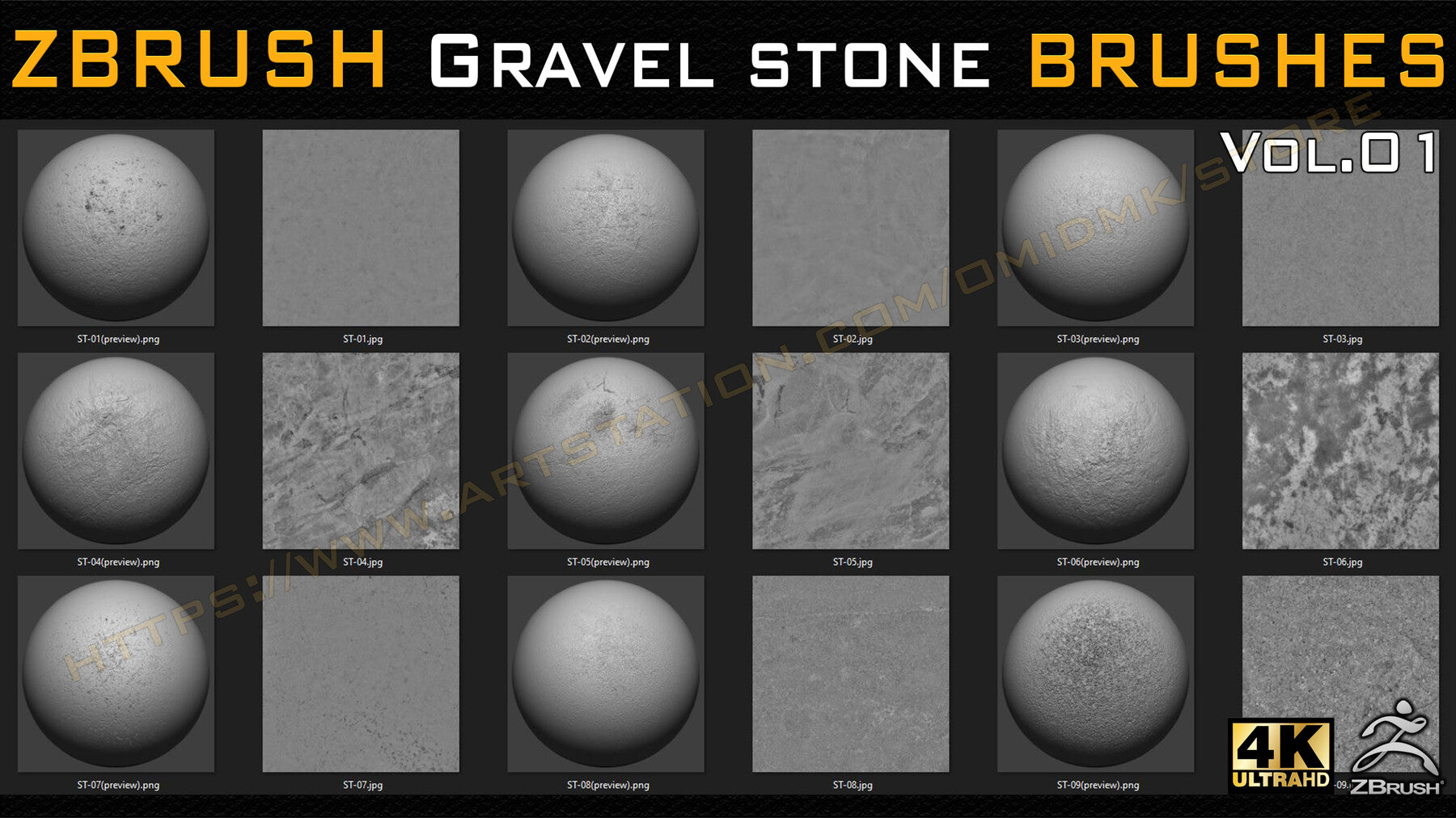 55 VDM + STANDARD BRUSH GRAVEL STONE BRUSHES +55 ALPHA/HEIGHT MAPS HIGH QUALITY (4K) -VOL.01