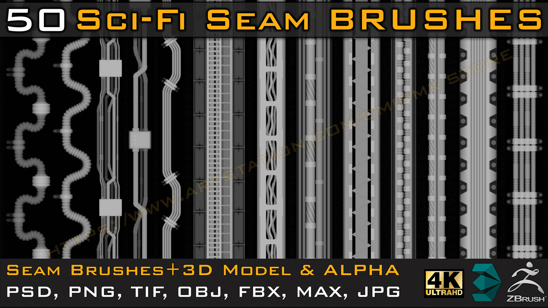 50 Seam & Stitch Brushes & Alpha (Tileable 4k-16bit) Vol.01