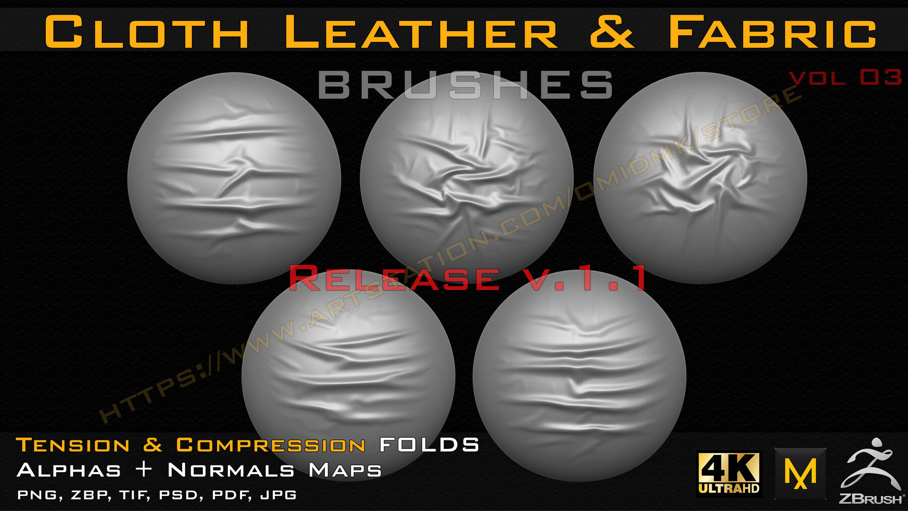 50 +10 cloth Leather & Fabric Brushes (4k) Tension & Compression Folds- Alpha + Normal Maps ( Vol.03 )