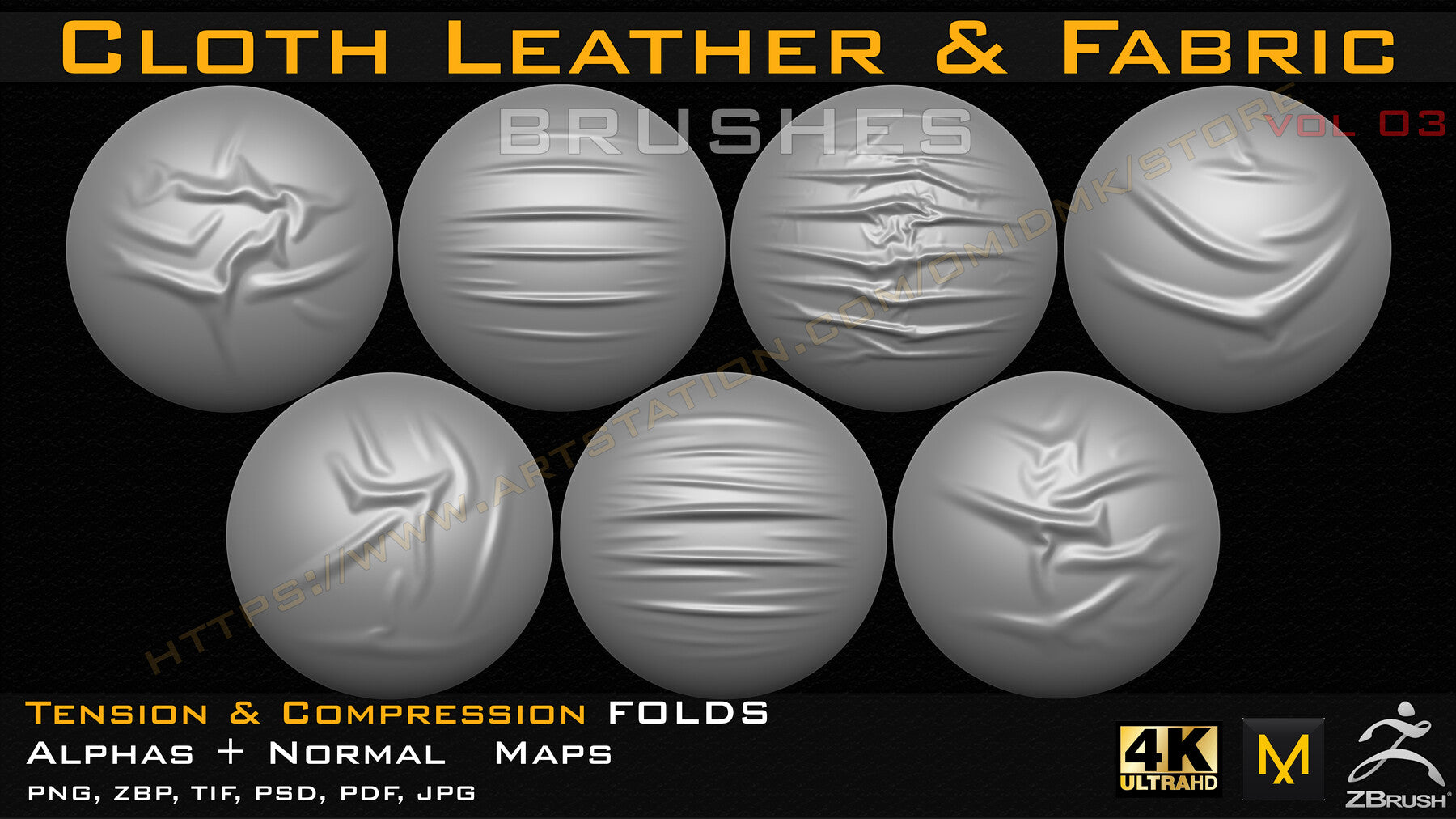 50 +10 cloth Leather & Fabric Brushes (4k) Tension & Compression Folds- Alpha + Normal Maps ( Vol.03 )