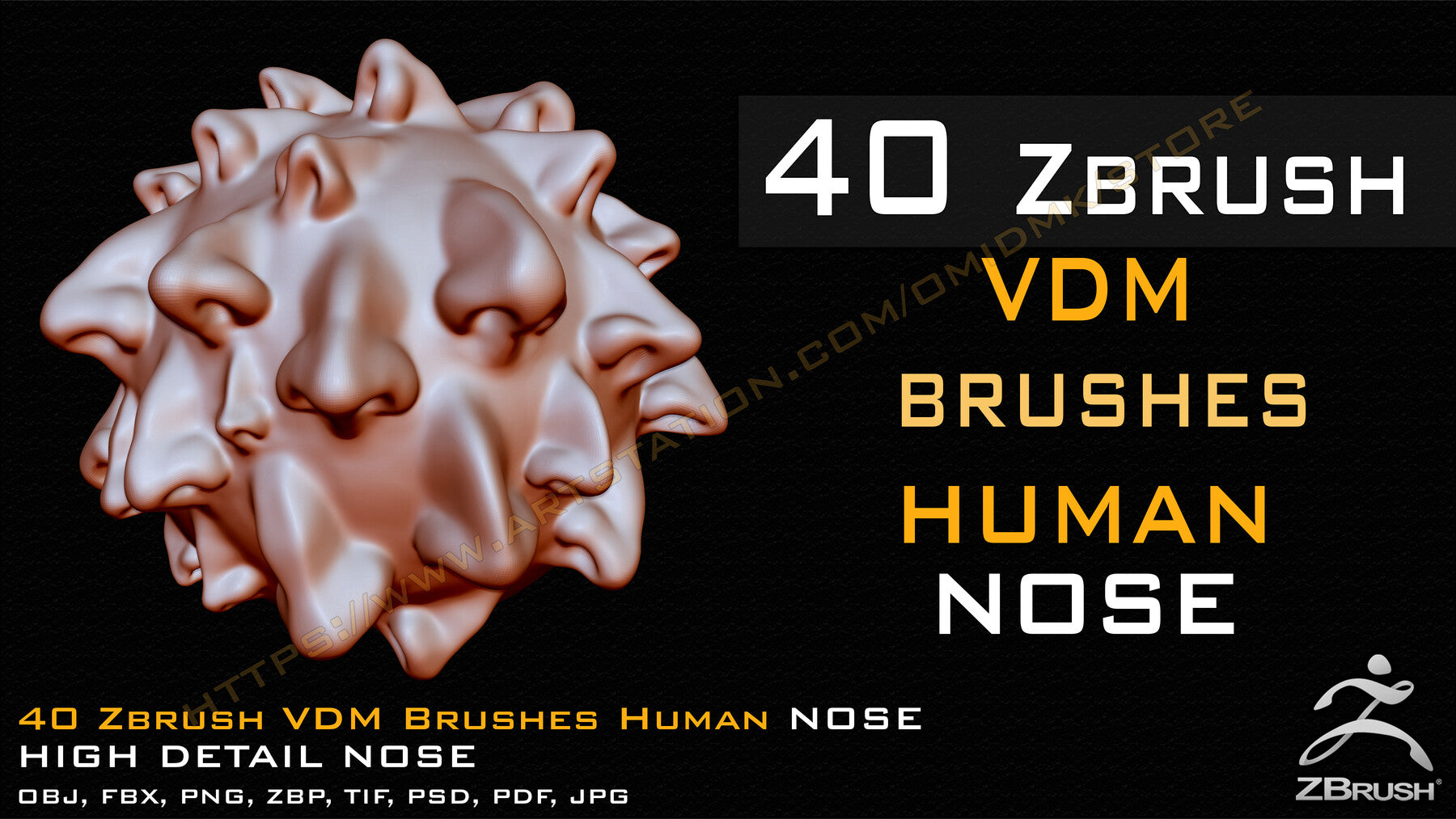 40 Zbrush VDM Human Nose Brushes + Alpha + FBX + OBJ (Vol.01 )