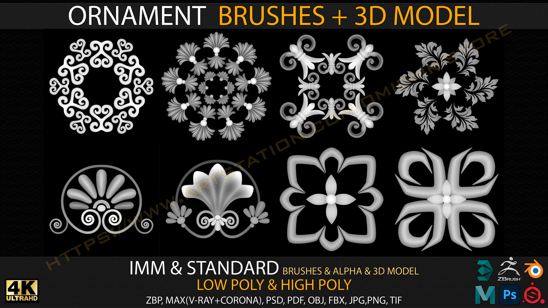 Ornament IMM & Standard Brushes+3D model+ Alpha 4K (V.02)