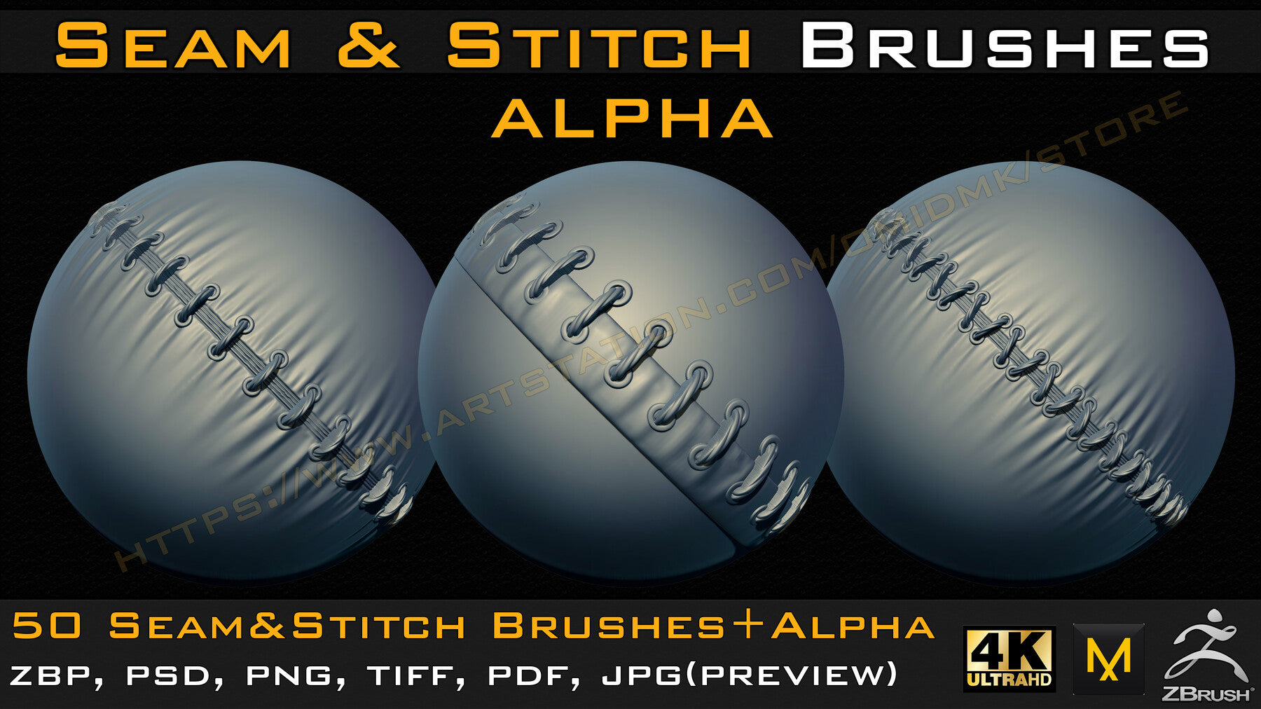 50 Seam & Stitch Brushes & Alpha (Tileable 4k-16bit) Vol.03